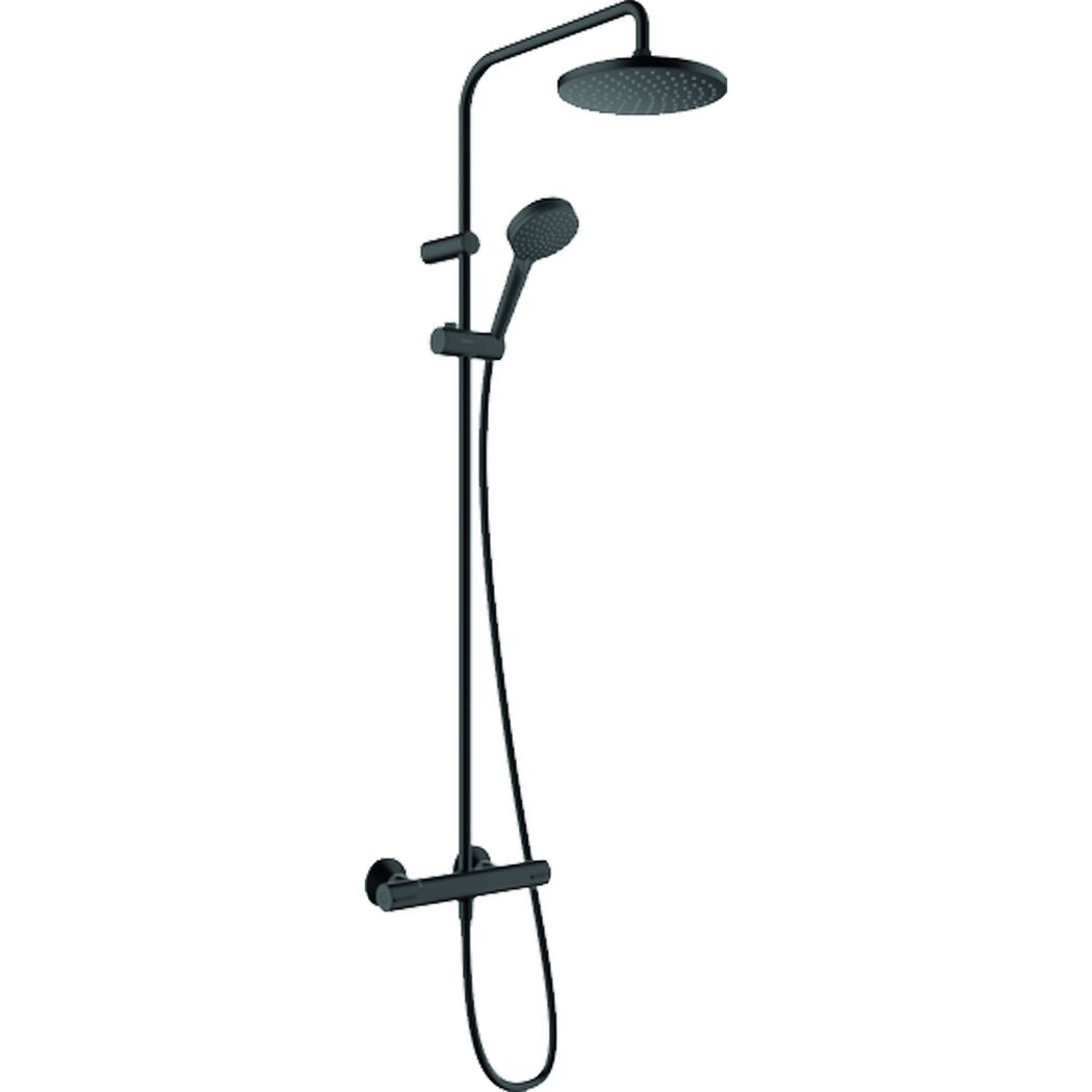 Schwarze Duscharmatur mit Regendusche und Handbrause.