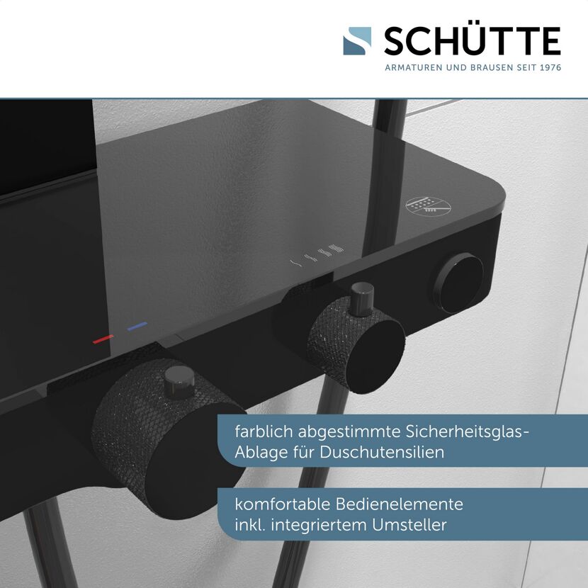Schwarze Duscharmatur mit Glasablage von Schütte