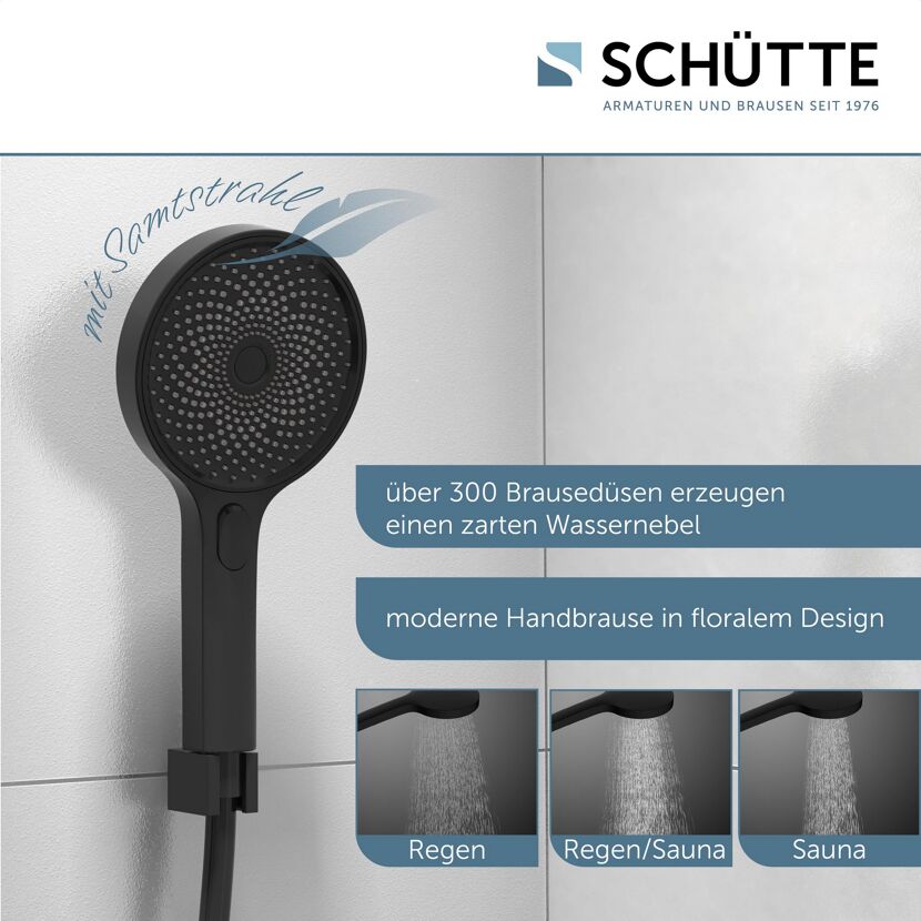 Schwarze Handbrause mit drei Strahlarten
