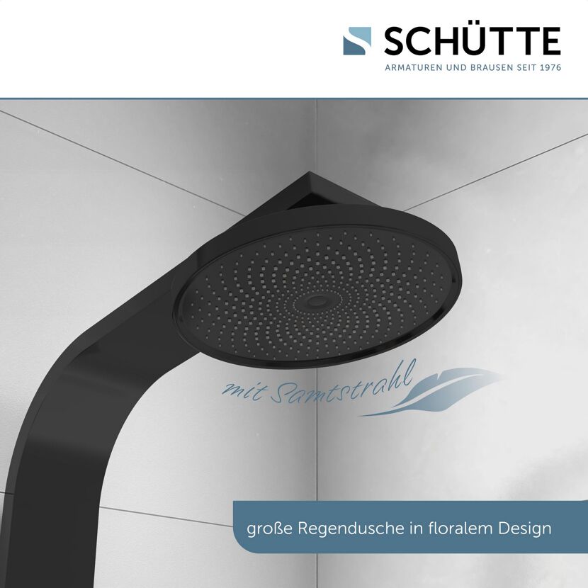 Große Regendusche in Schwarz mit floralem Design.