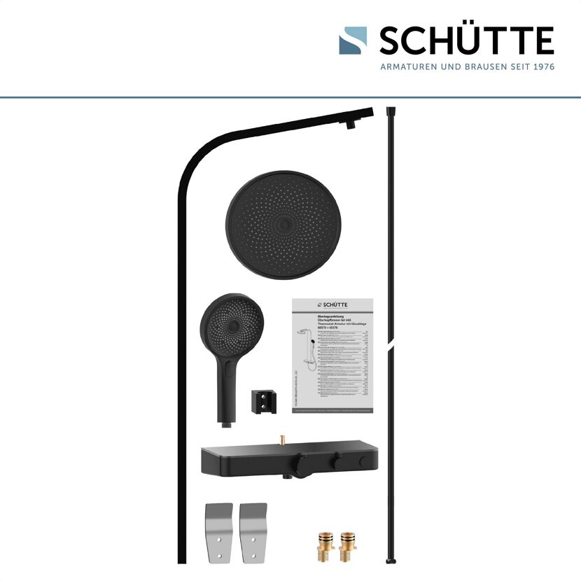 Einzelteile der schwarzen Duschsäule SamoaRain von Schütte.