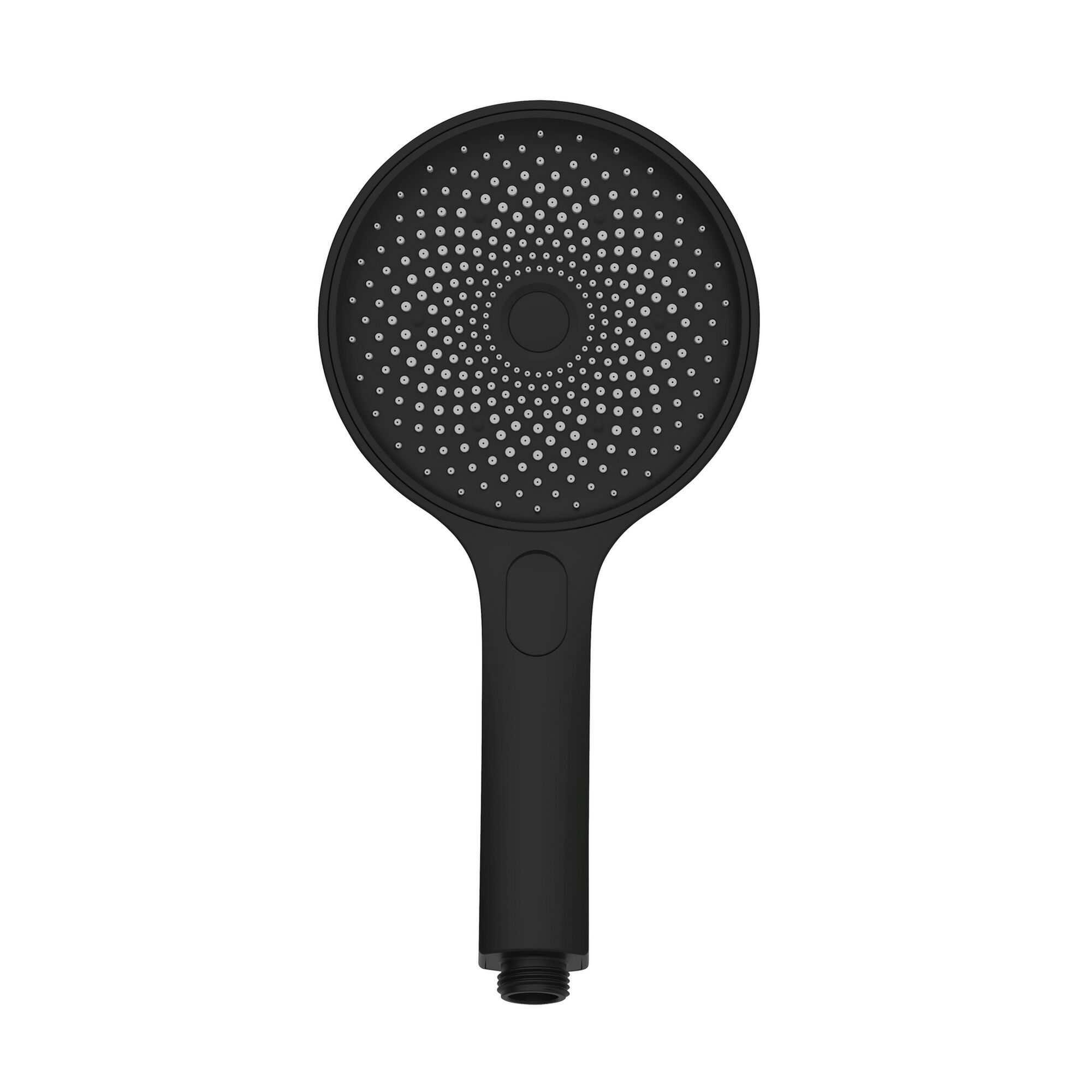 Schwarzer Duschkopf mit runden Düsen.