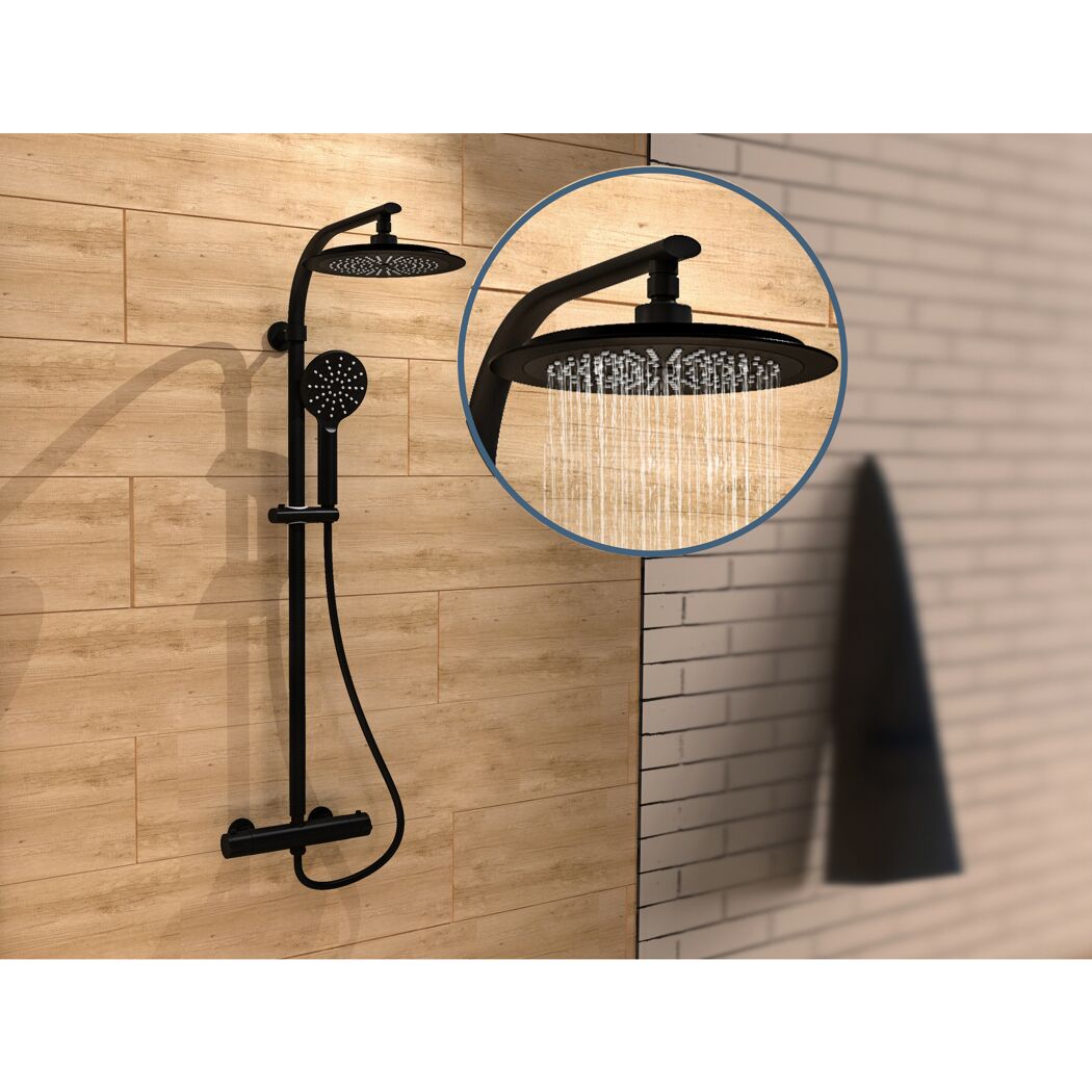 Schwarze Duschsäule mit Regendusche an einer Holzwand