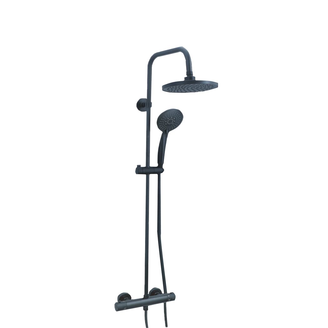 Schwarze Duschsäule mit Duschkopf und Schlauchbrause