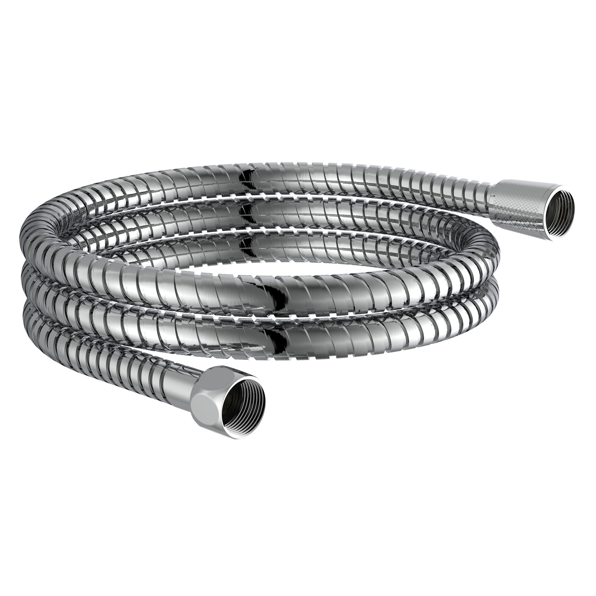 Metallischer Brauseschlauch, aufgerollt.