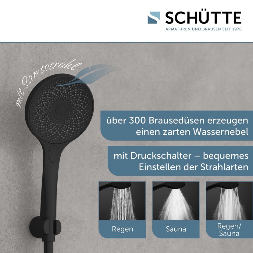 Schwarze Handbrause mit drei Strahlarten