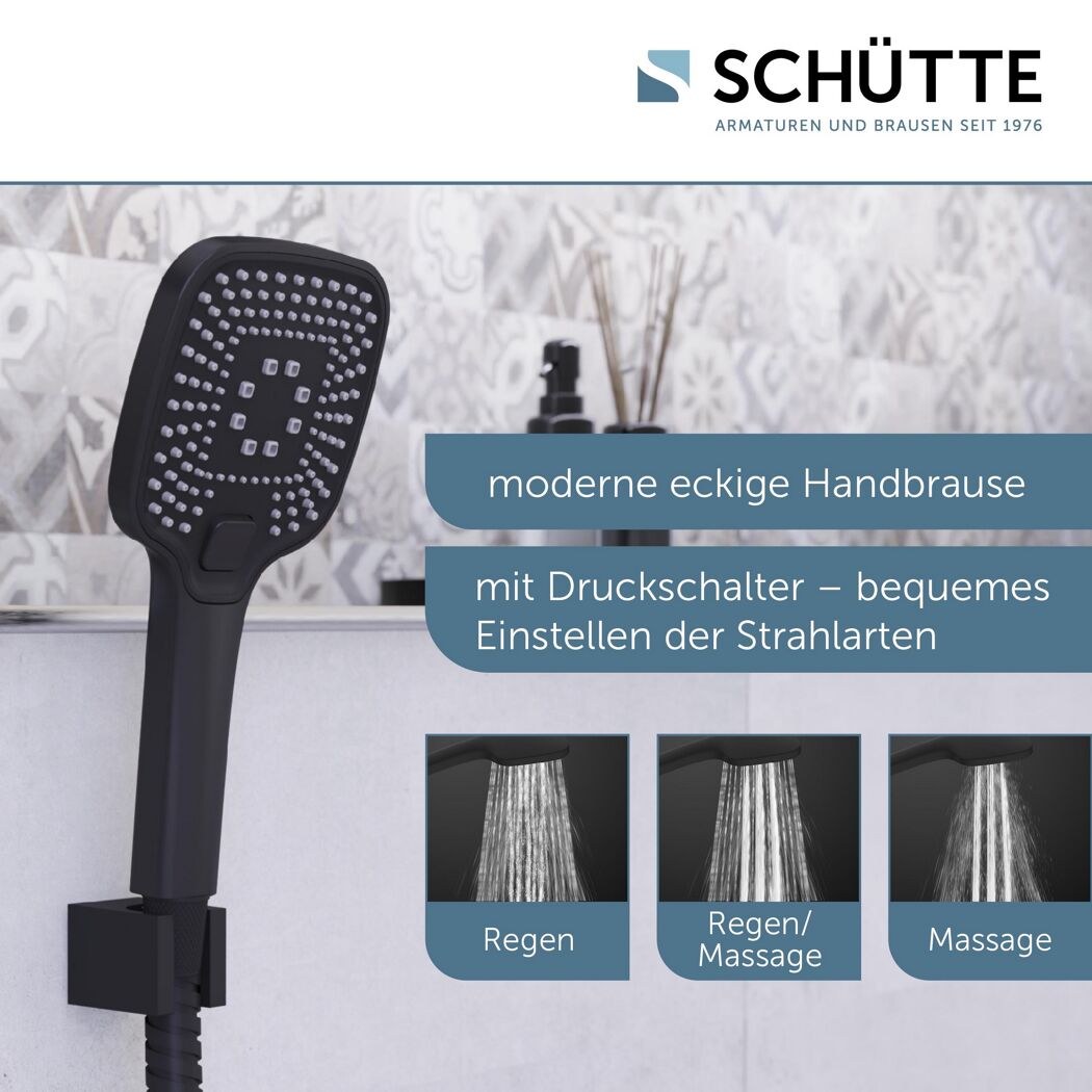 Schwarze Handbrause mit drei Strahlarten