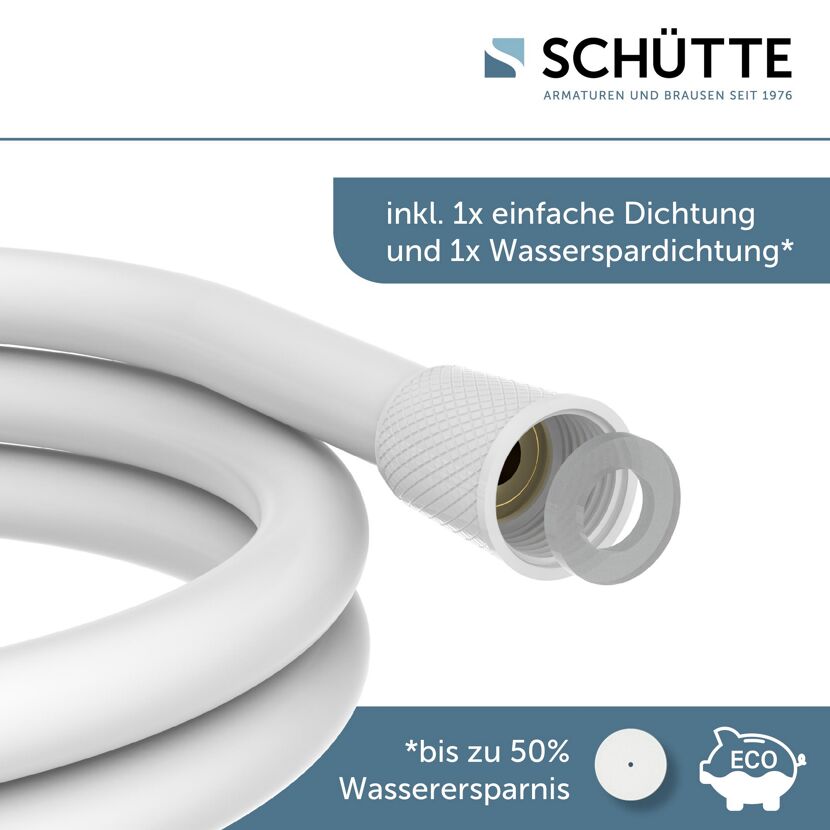 Weißer Brauseschlauch mit Dichtungen.