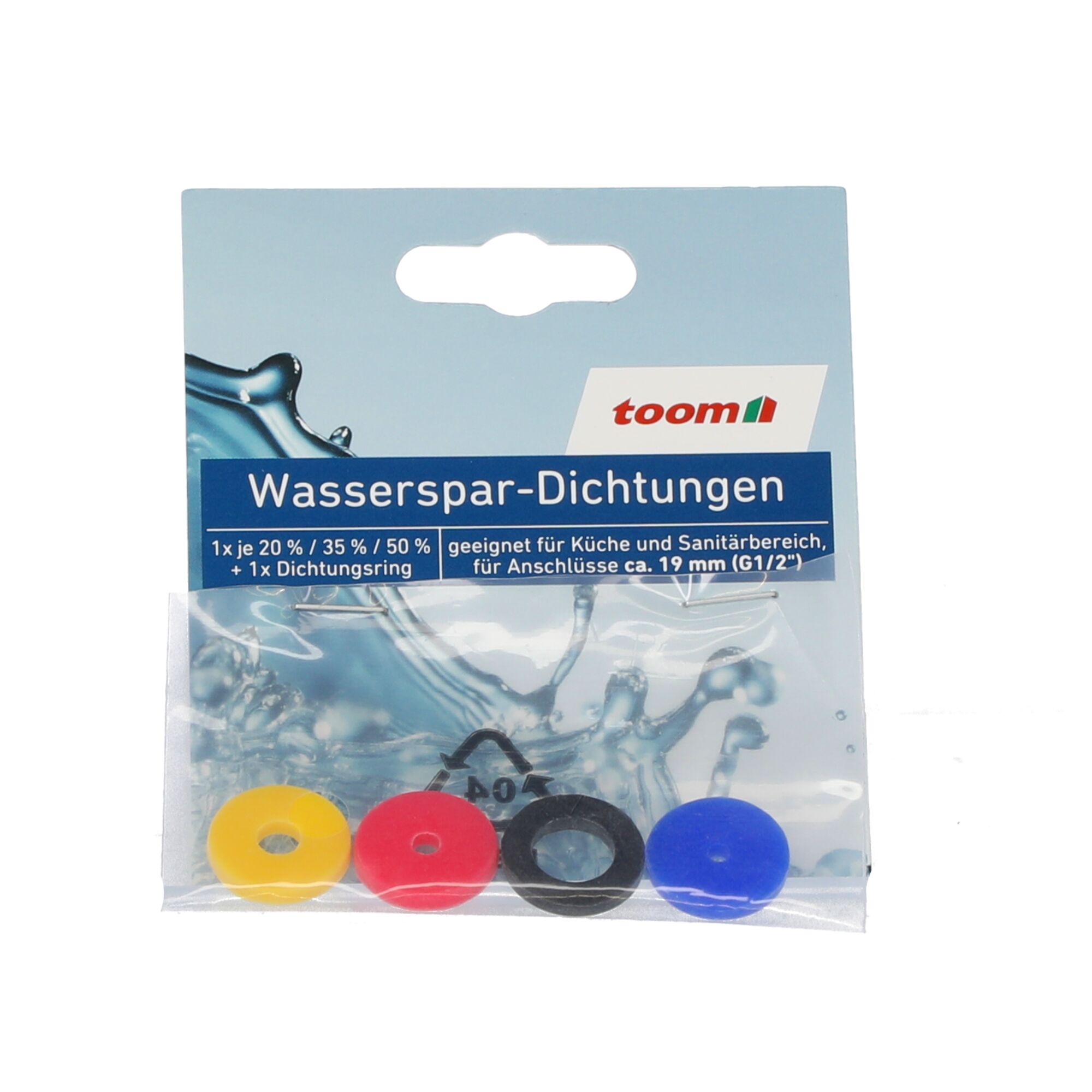 Wasserspar-Dichtungen von toom in gelb, rot, schwarz und blau