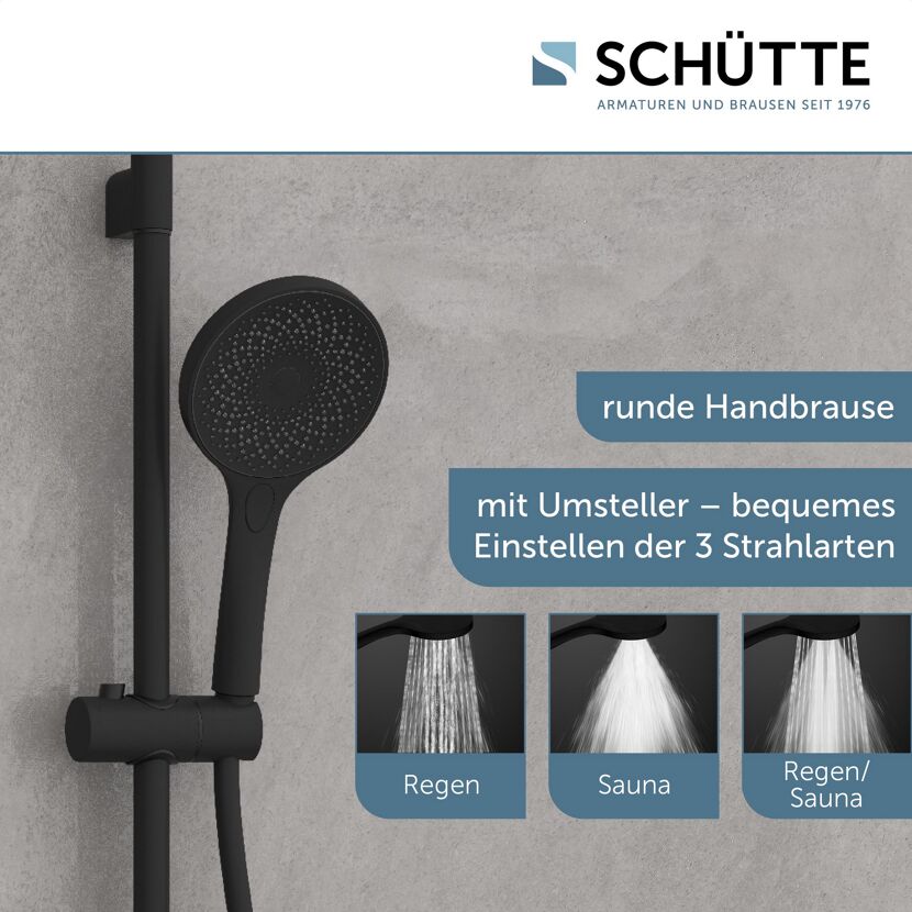 Schwarze Handbrause mit drei Strahlarten