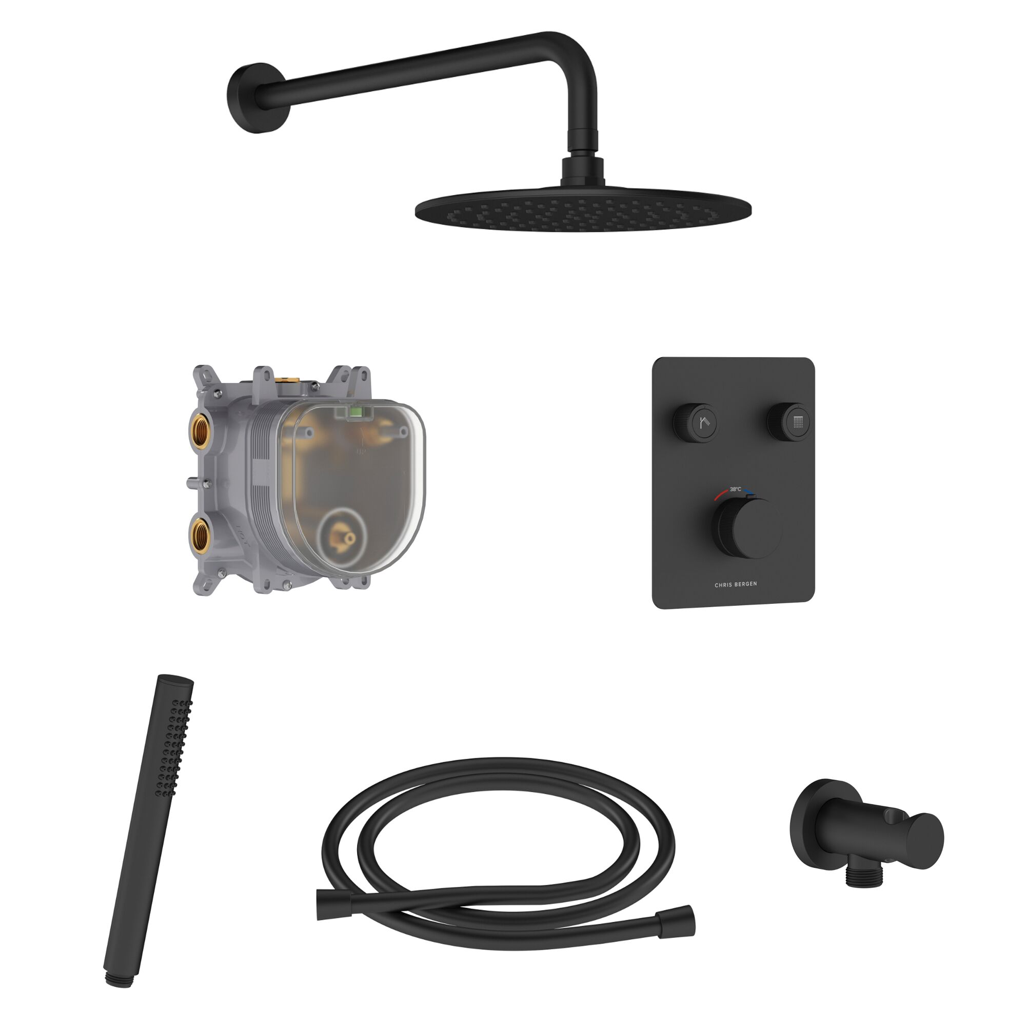 Schwarzes Duschsystem mit Komponenten