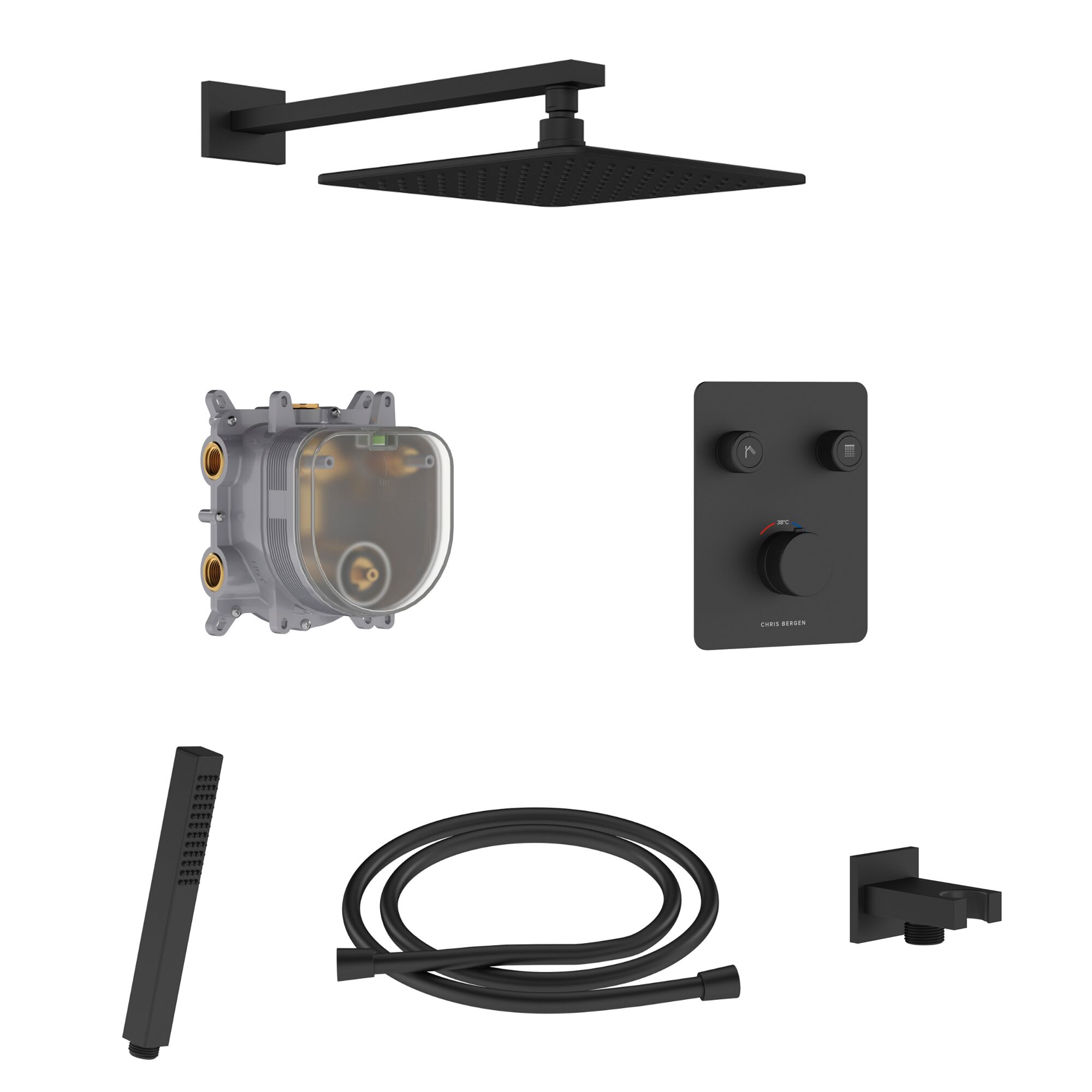 Duschsystem mit Thermostat und Regendusche, schwarz