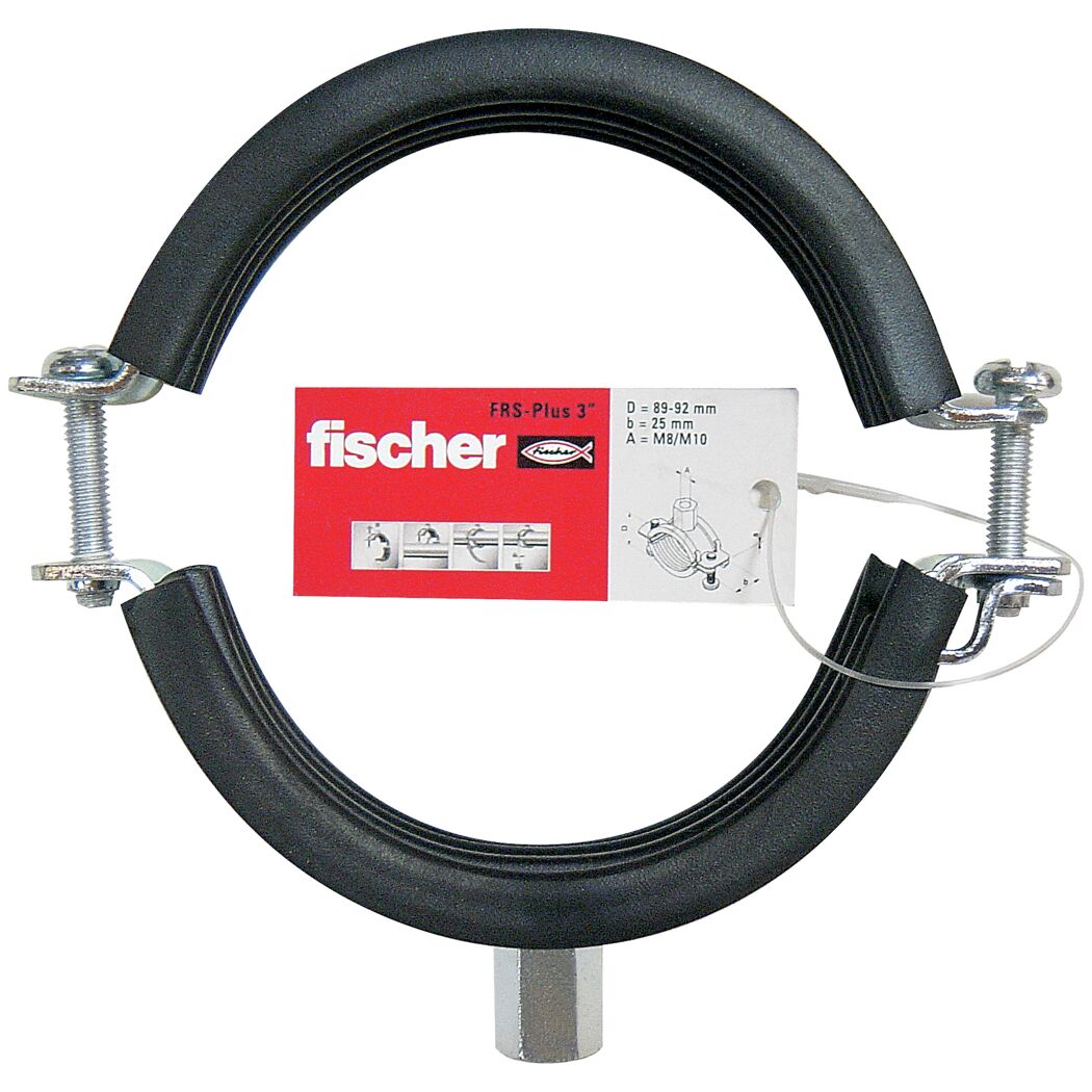 Schwarze Rohrschelle mit zwei Schrauben.