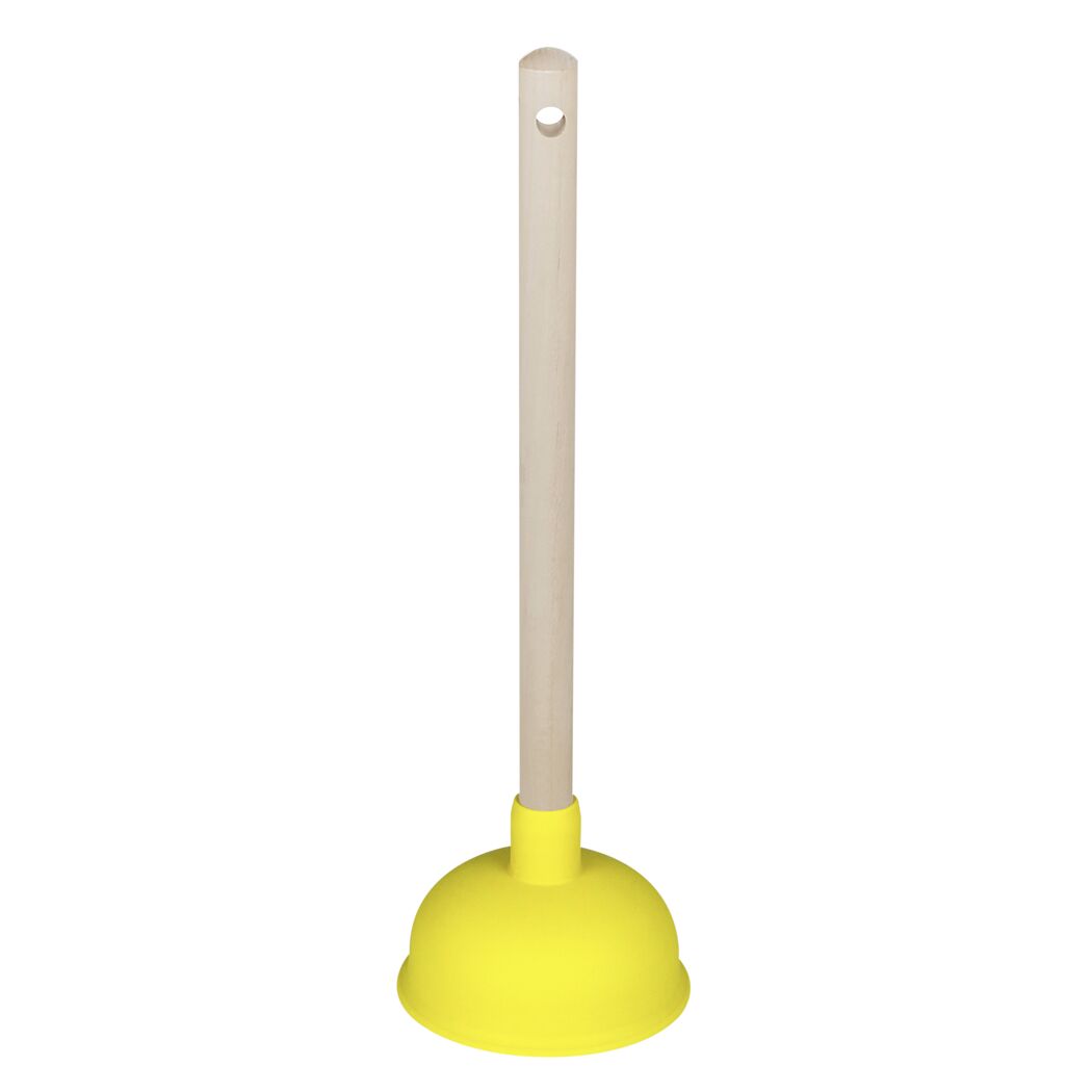Gelber Pömpel mit Holzgriff