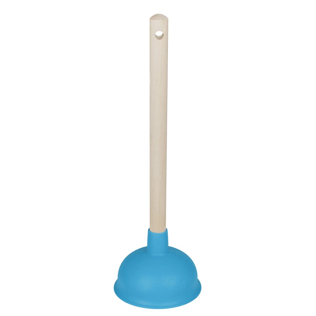 Blauer Pömpel mit Holzgriff