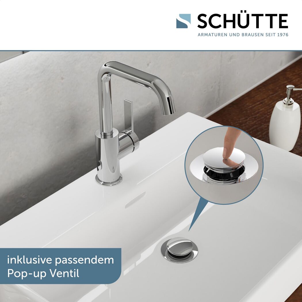 Person drückt Pop-Up-Ventil in Waschbecken
