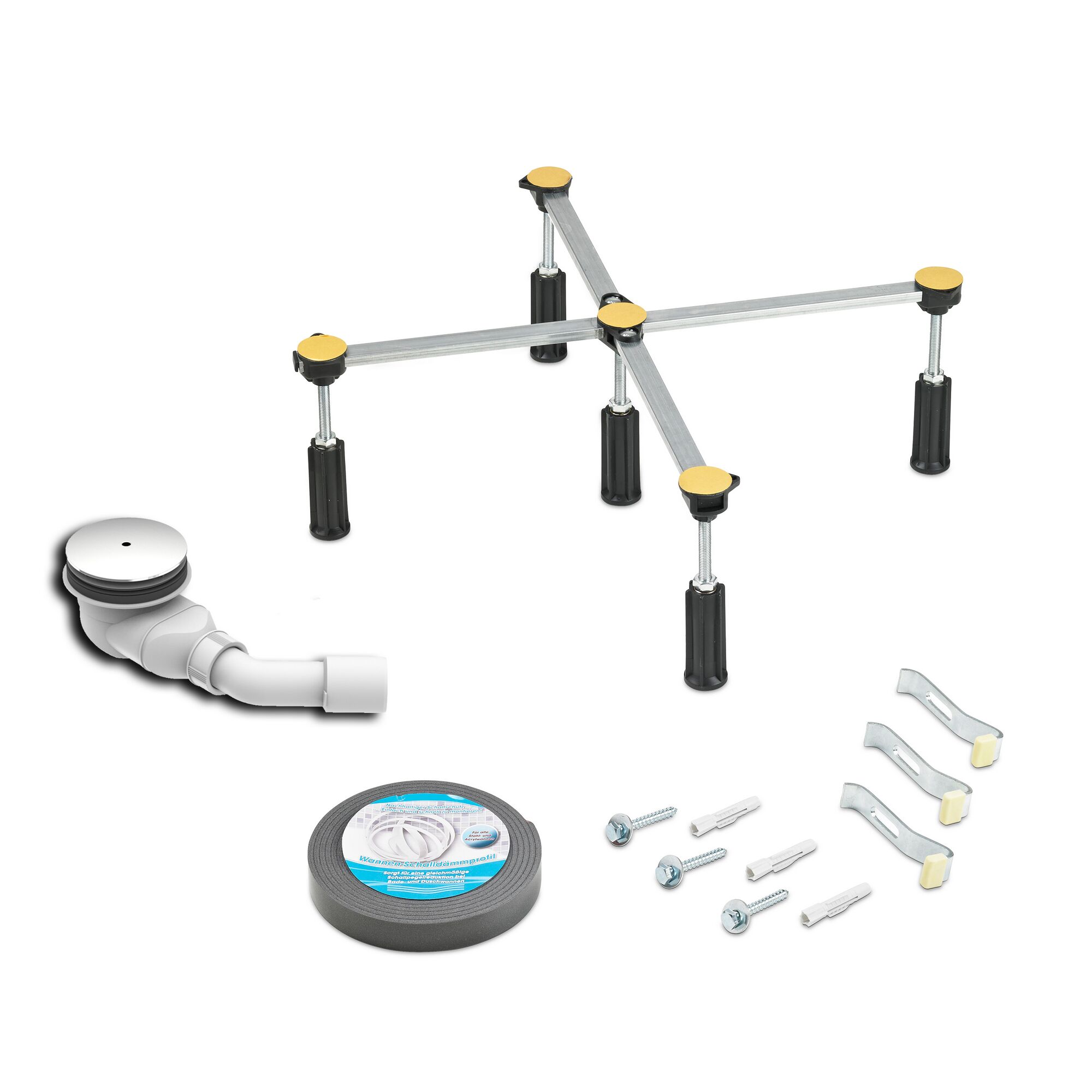 Duschwannengestell, Ablaufgarnitur, Dichtband, Schrauben und Dübel