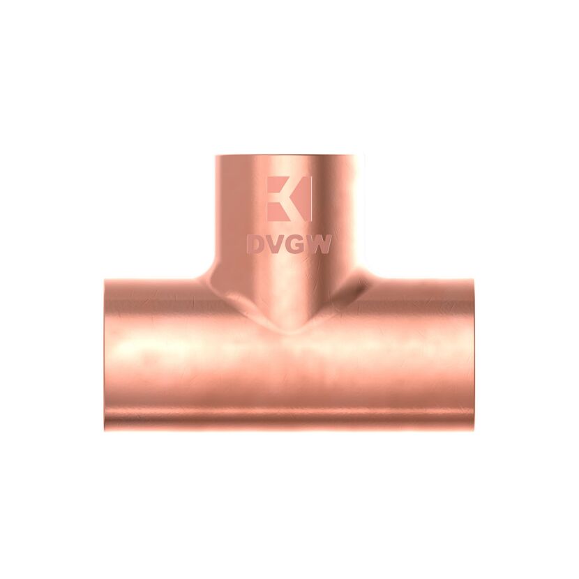 Kupfernes Löt-T-Stück 22 mm mit DVGW-Logo
