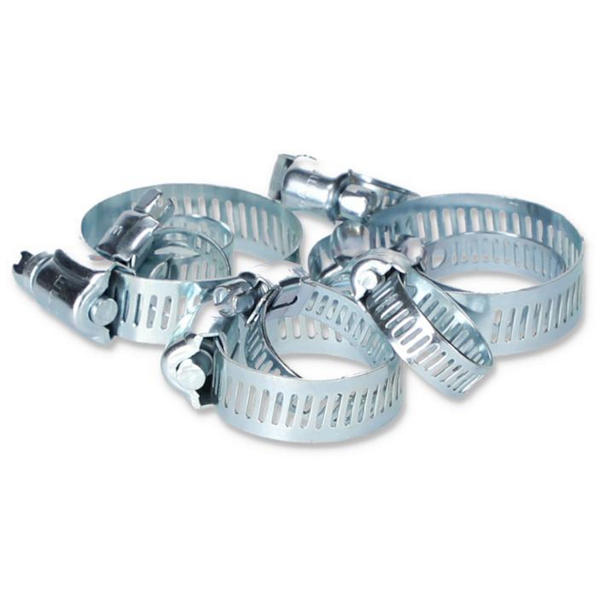 Vier glänzende Schlauchschellen.