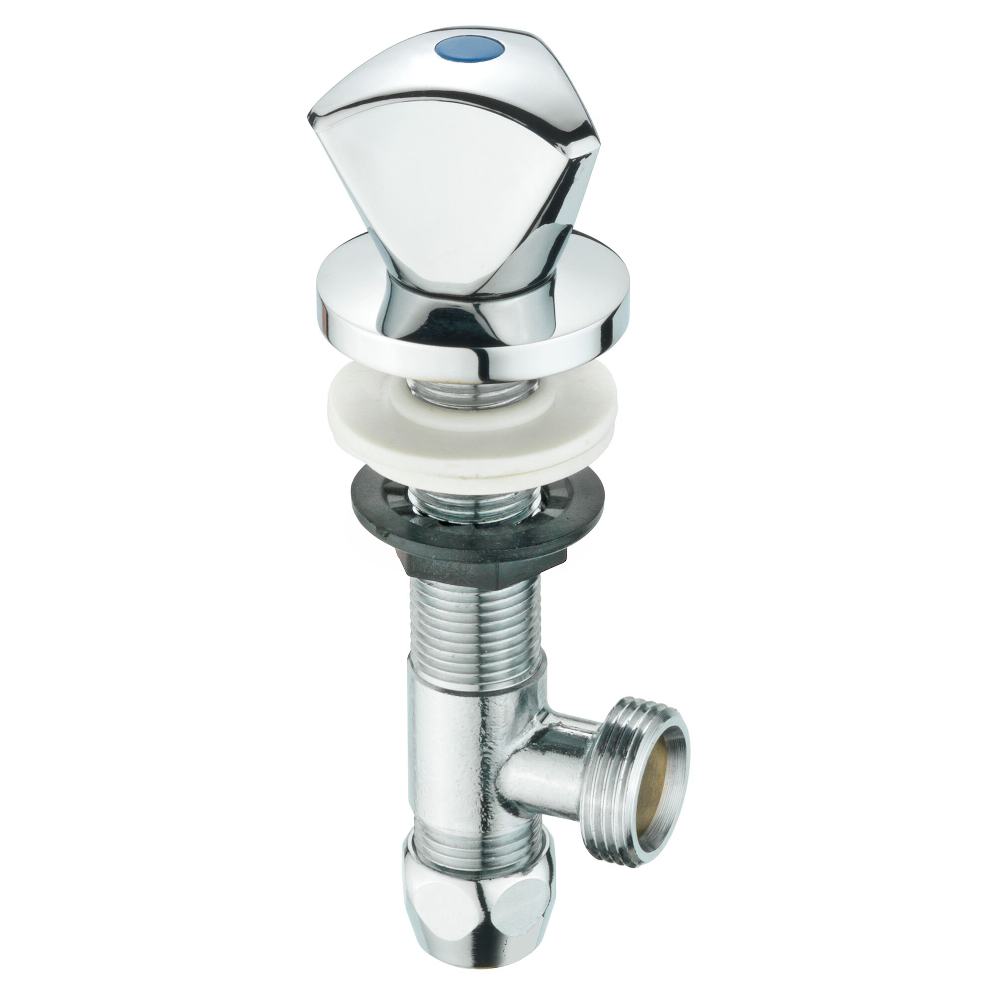 Verchromtes Maschinenuntertischventil mit blauem Punkt.