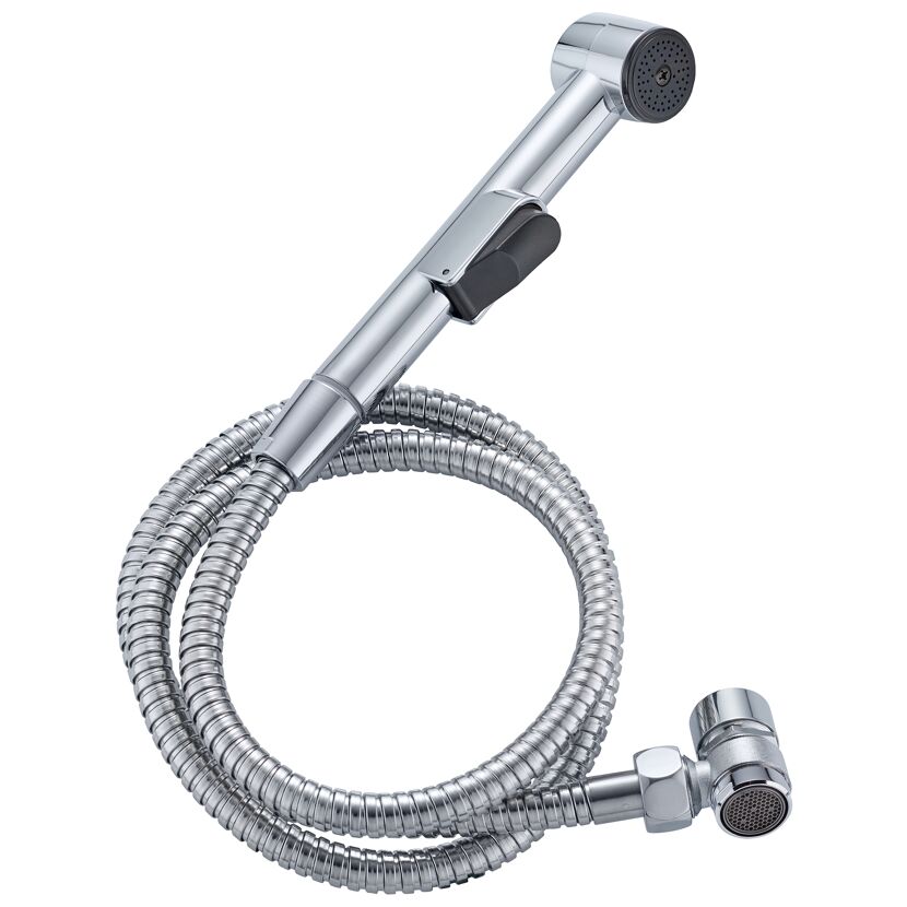 Eine verchromte Handbrause mit Schlauch.