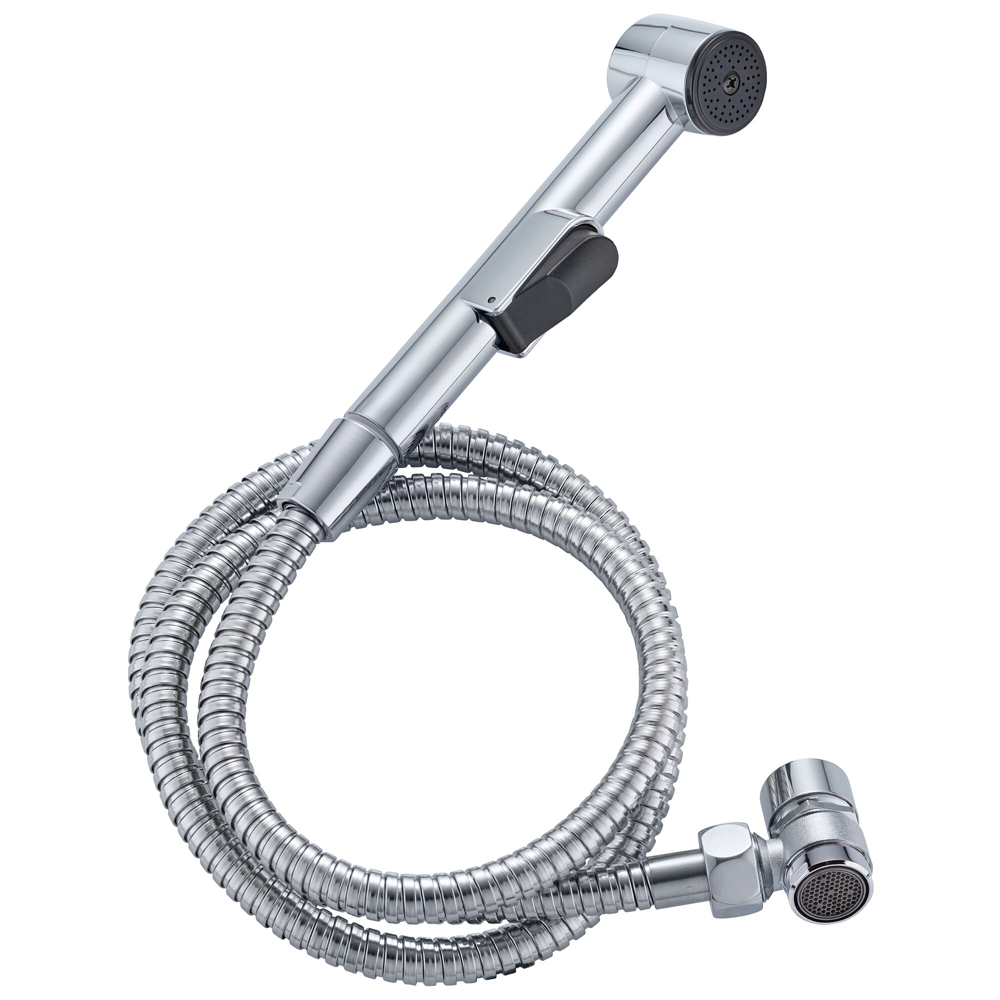 Eine verchromte Handbrause mit Schlauch.