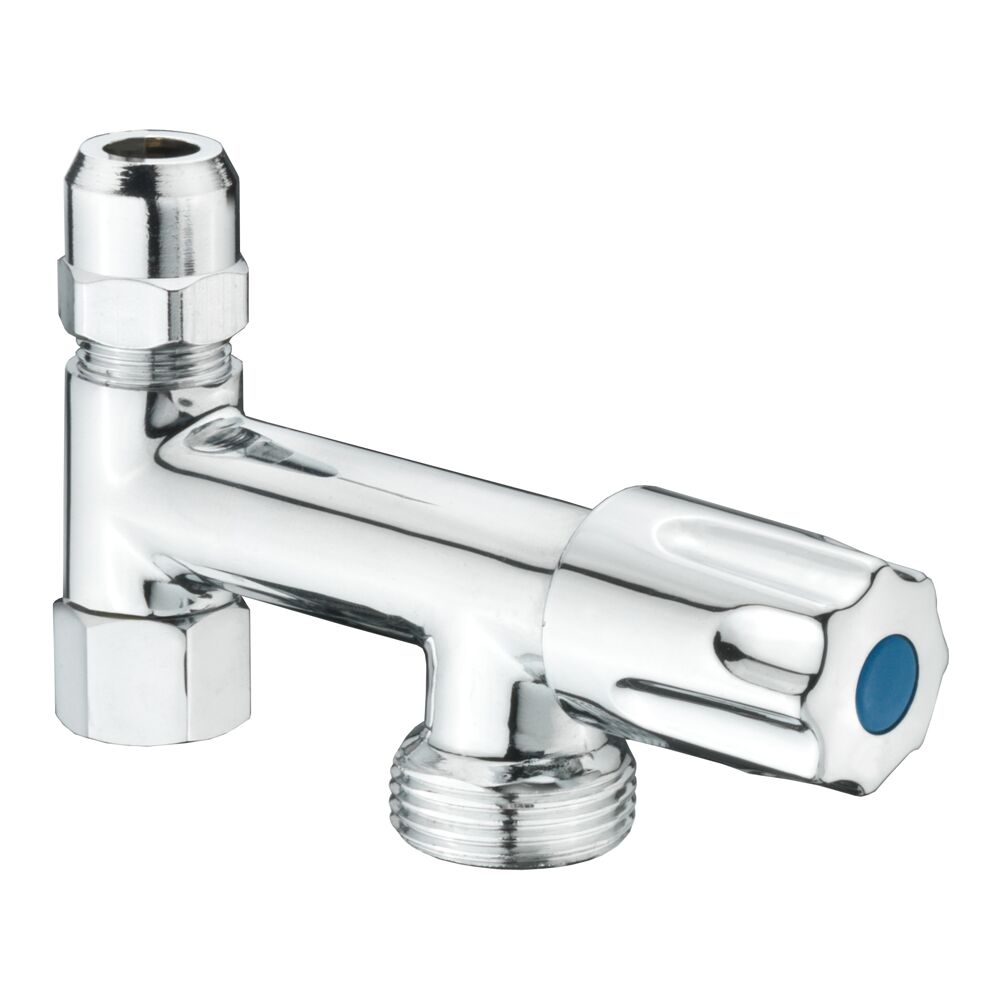 Eckfix-Anschlussventil aus Chrom mit blauem Knopf.
