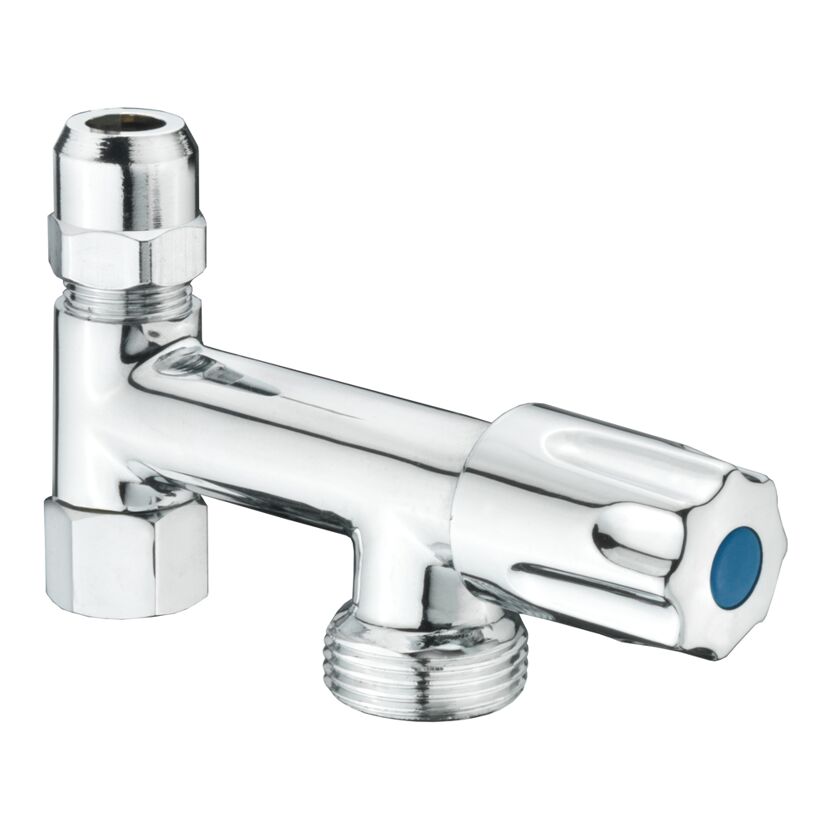 Eckfix-Anschlussventil aus Chrom mit blauem Knopf.