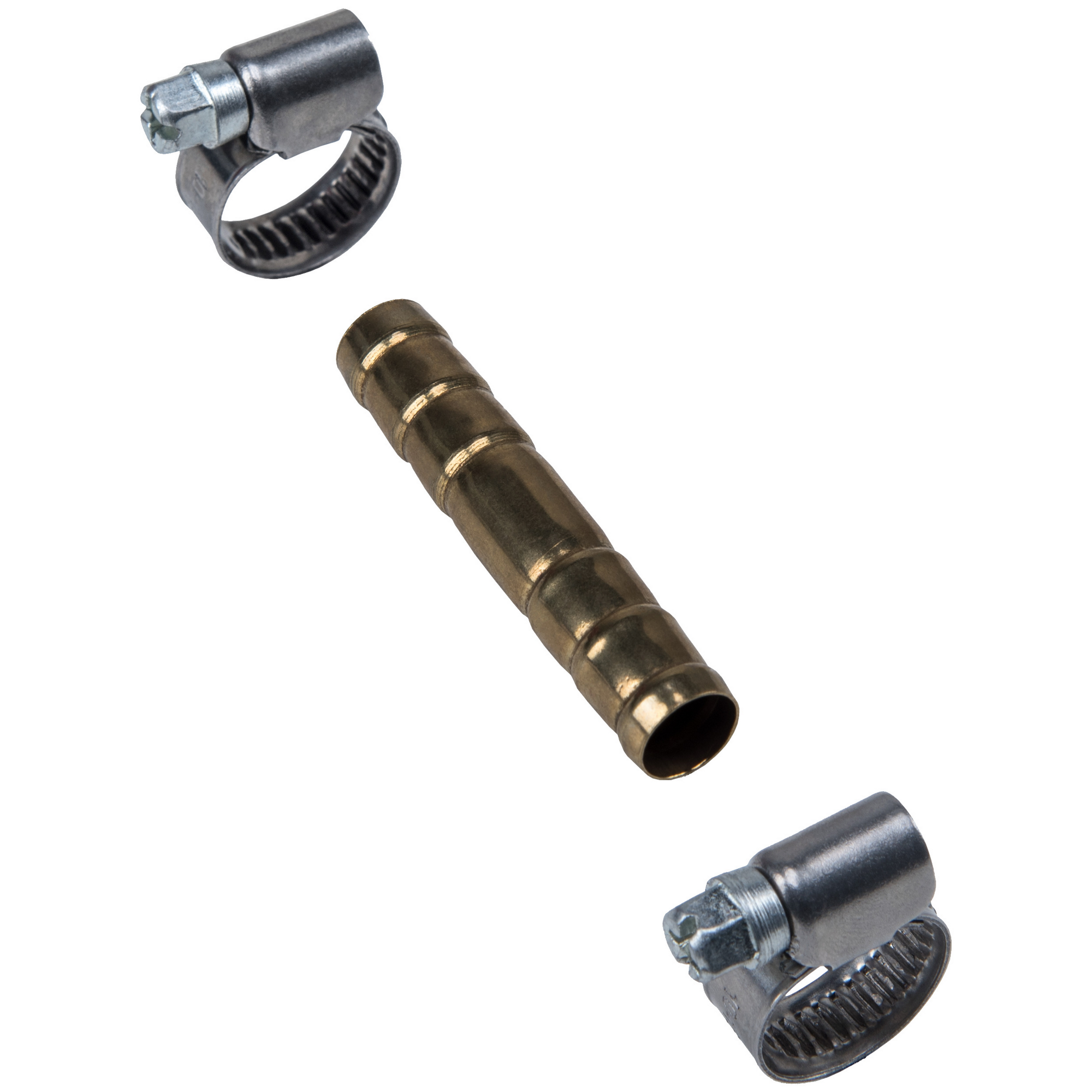 Schlauchverbinder Messing blank 3/8", mit 2 Schellen Ø 10-16 mm