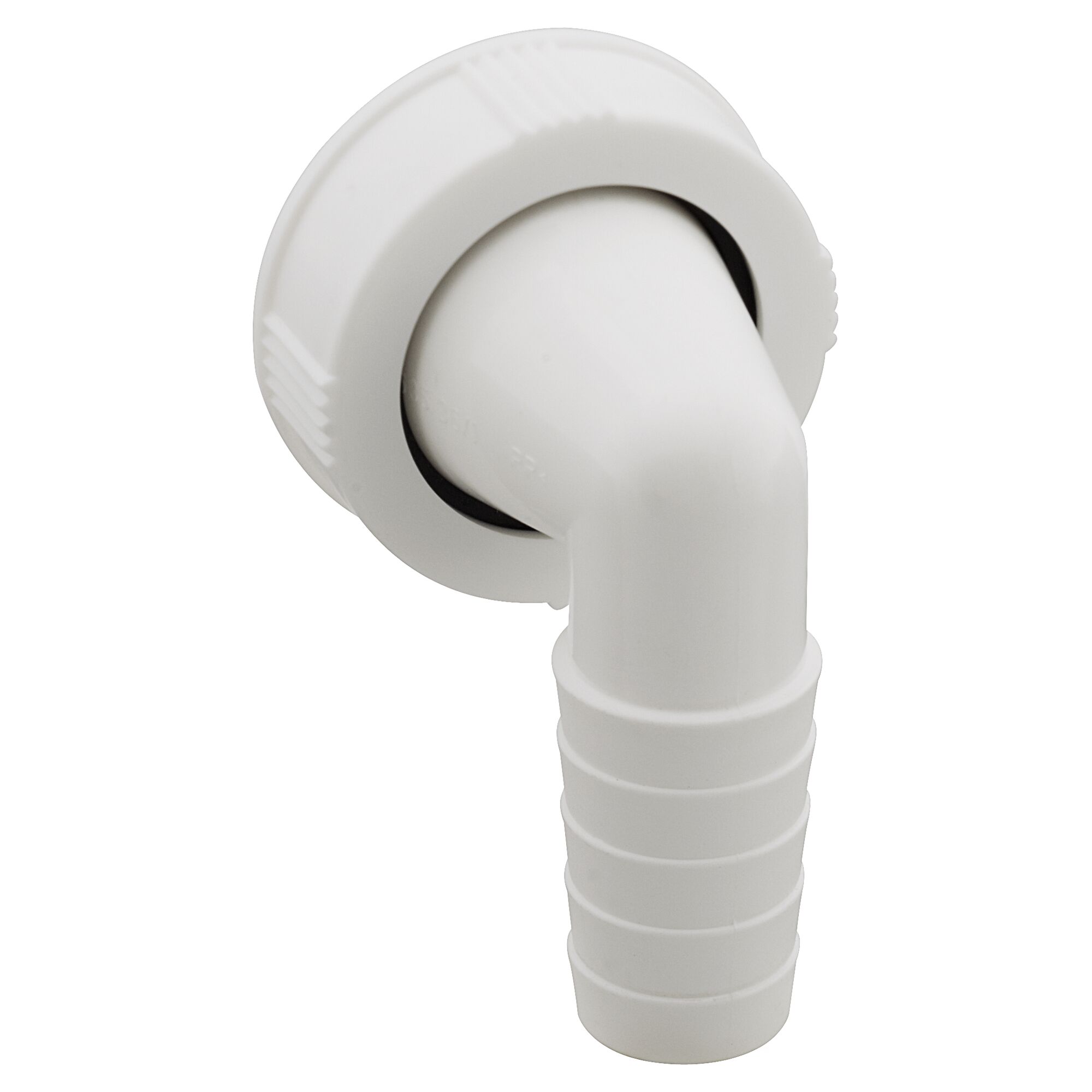 Weißer Winkel-Schlauanschluss aus Kunststoff.