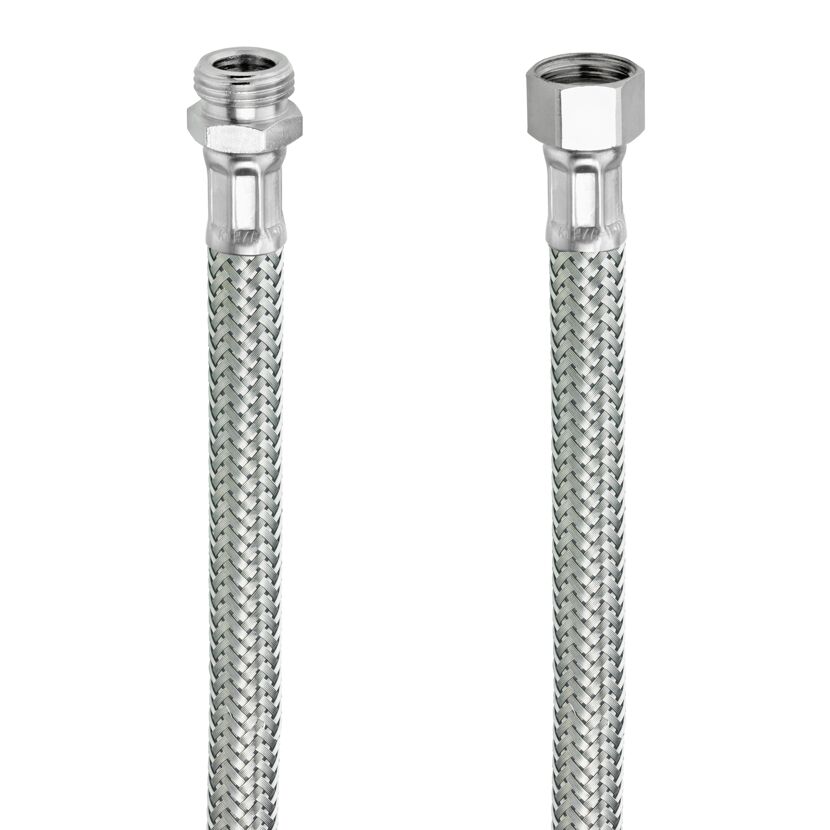 Zwei flexible Metallschläuche mit unterschiedlichen Anschlüssen.