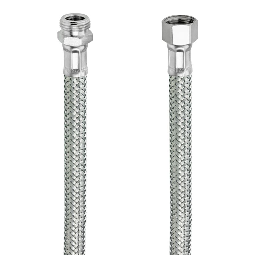 Zwei flexible Metallschläuche mit unterschiedlichen Anschlüssen.