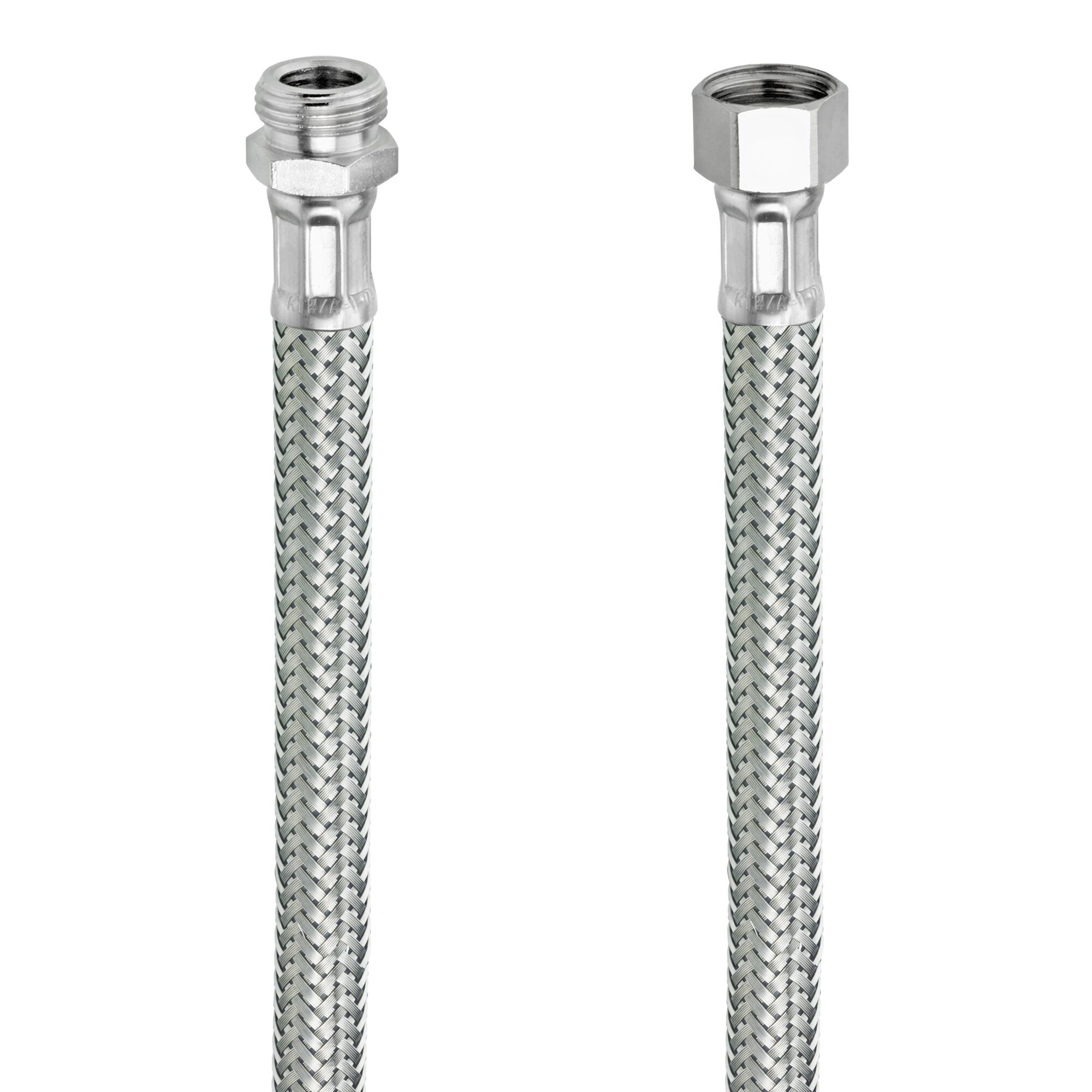Zwei flexible Metallschläuche mit unterschiedlichen Anschlüssen.