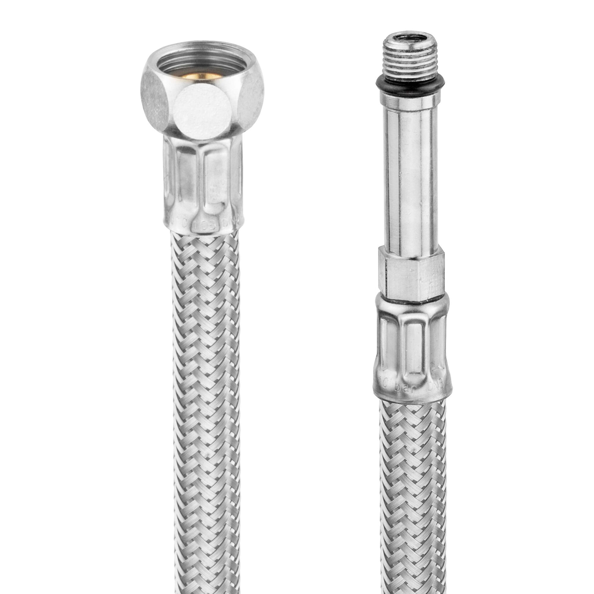 Zwei flexible Metallschläuche mit unterschiedlichen Anschlüssen.