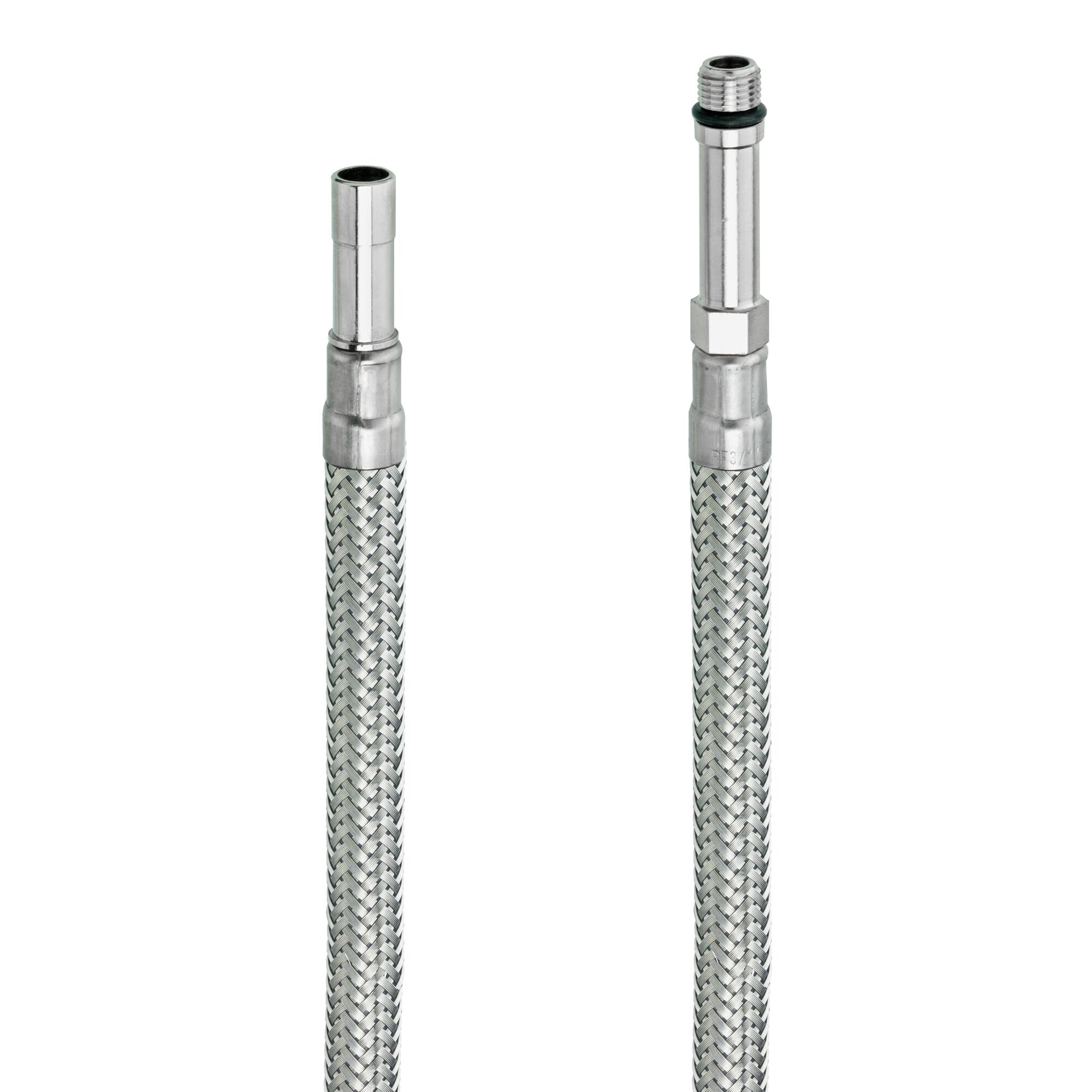 Zwei flexible Metallschläuche mit unterschiedlichen Anschlüssen.