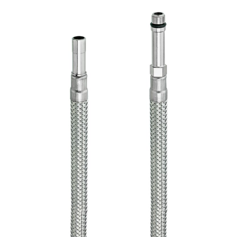 Zwei flexible Metallschläuche mit unterschiedlichen Anschlüssen.