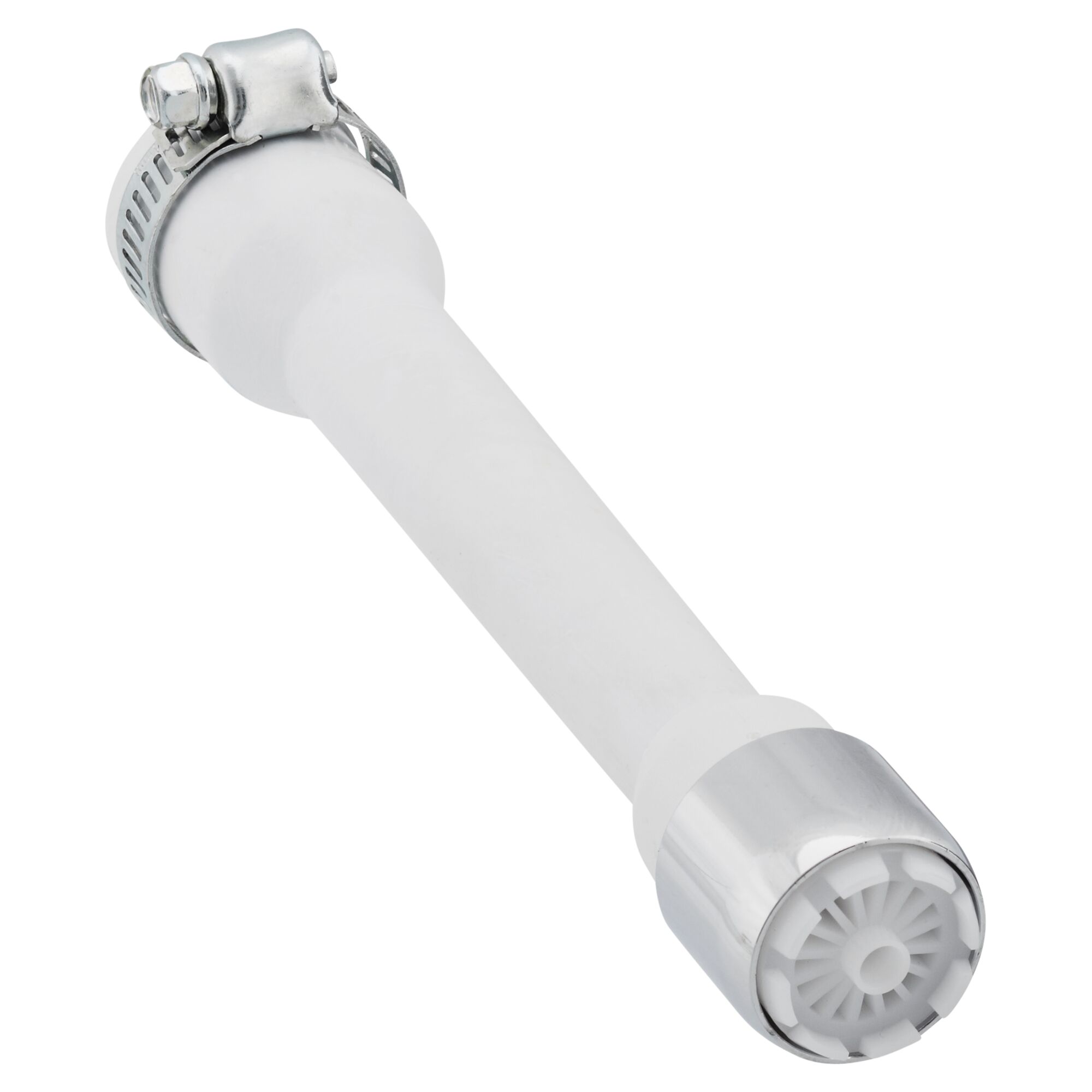 Weißer Strahlregler mit Schlauchanschluss und Metallklemme.