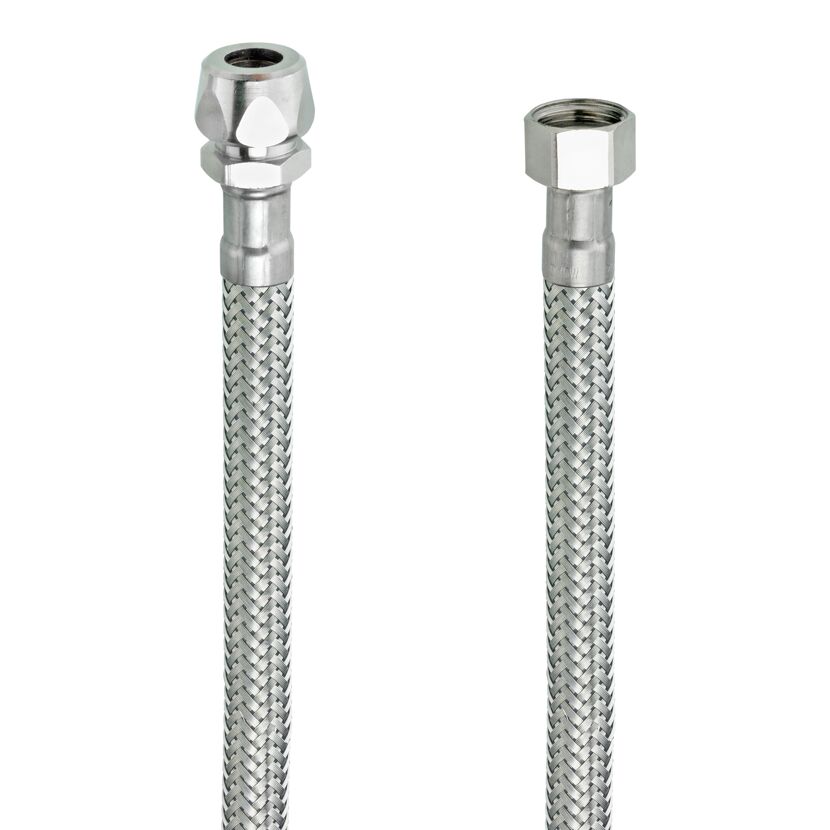 Zwei flexible Metallschläuche mit unterschiedlichen Anschlüssen.