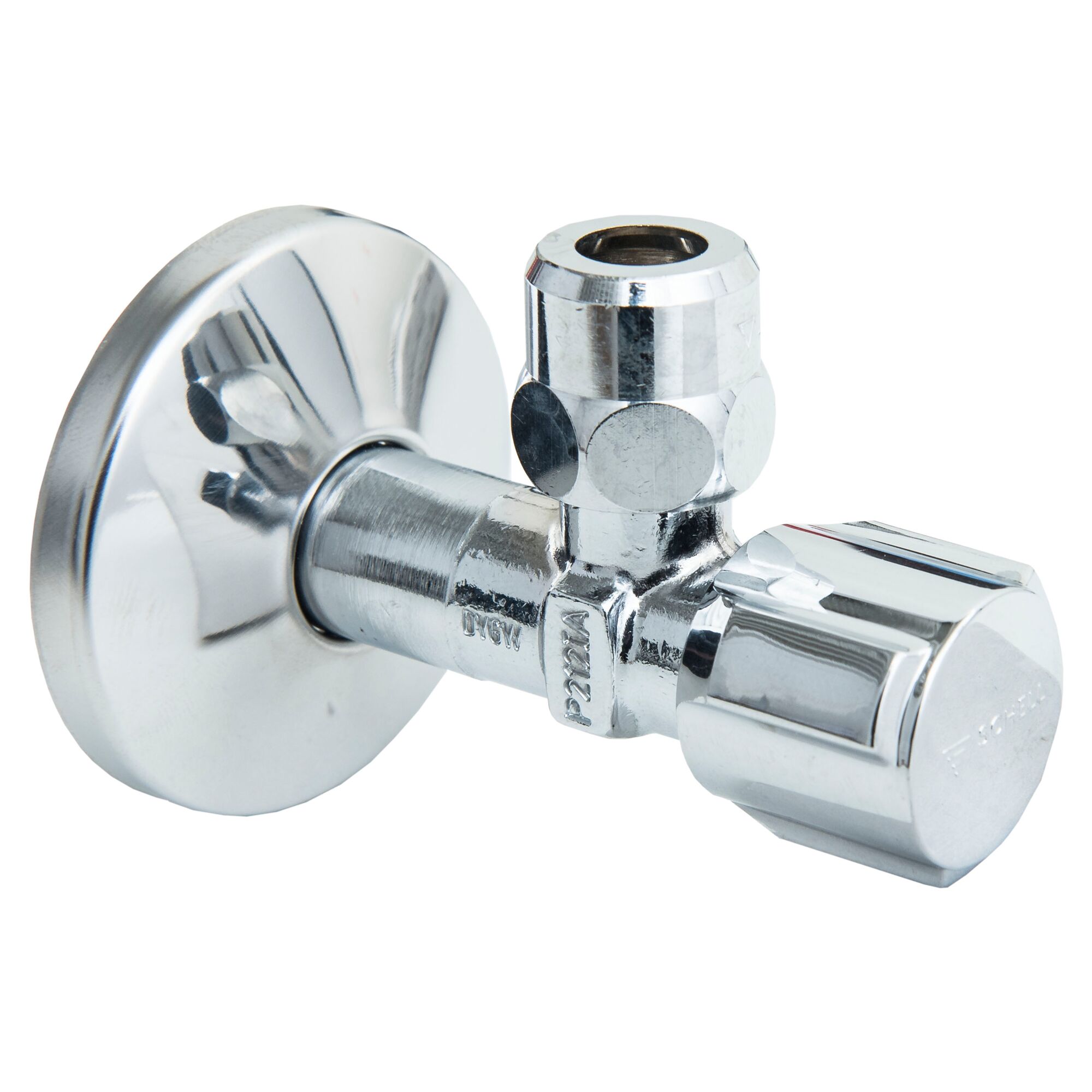 Verchromtes Eckregulierventil mit Rosette.