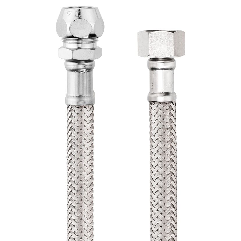 Zwei flexible Metallschläuche mit Anschlüssen.