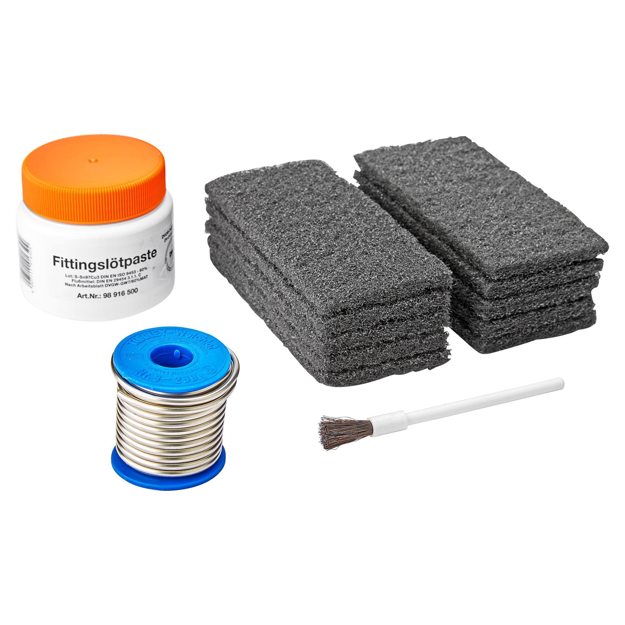 Lötset für Kupferrohre mit Paste, Lötzinn, Schwamm und Drahtbürste
