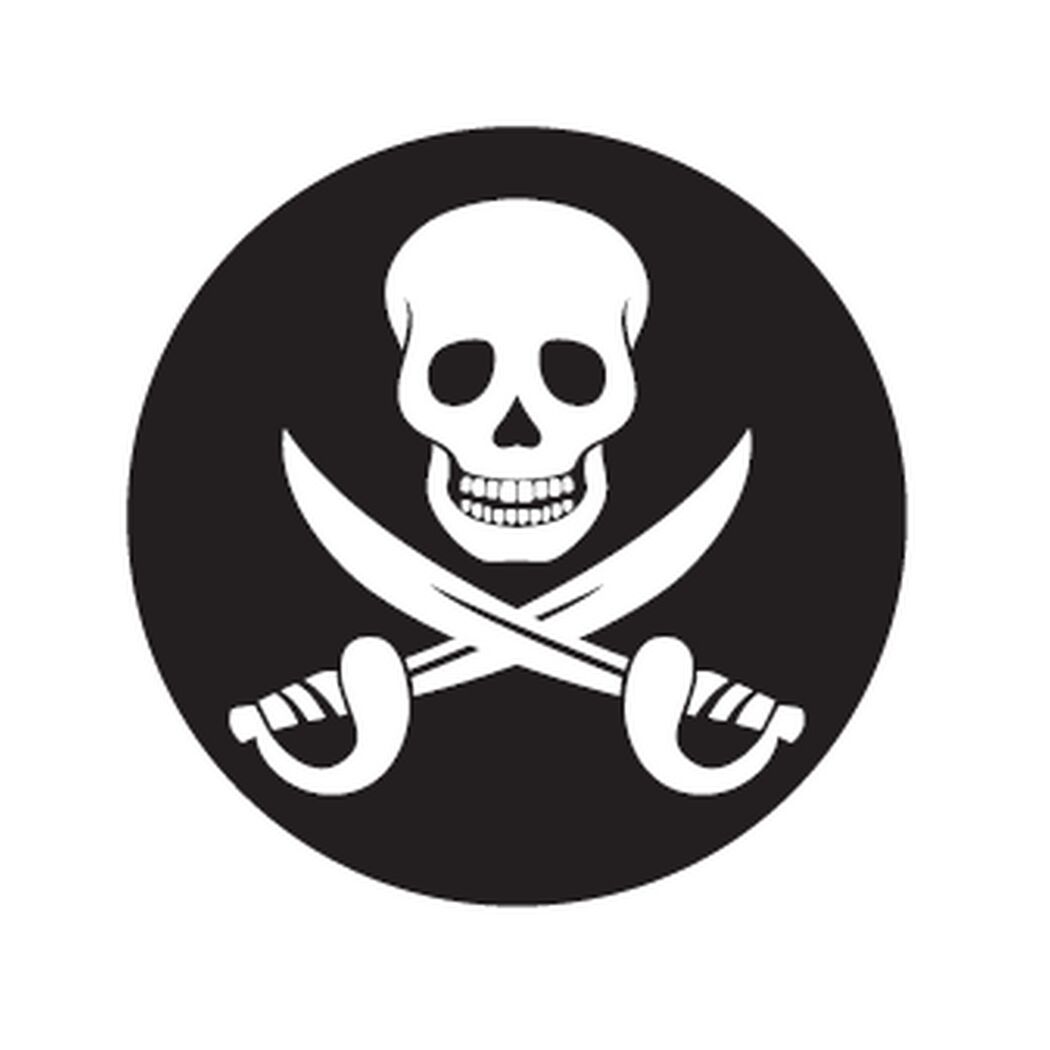 Totenkopf mit gekreuzten Schwertern auf schwarzem Grund.