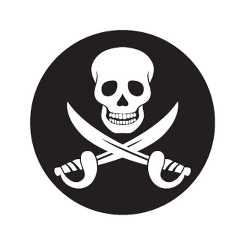 Totenkopf mit gekreuzten Schwertern auf schwarzem Grund.