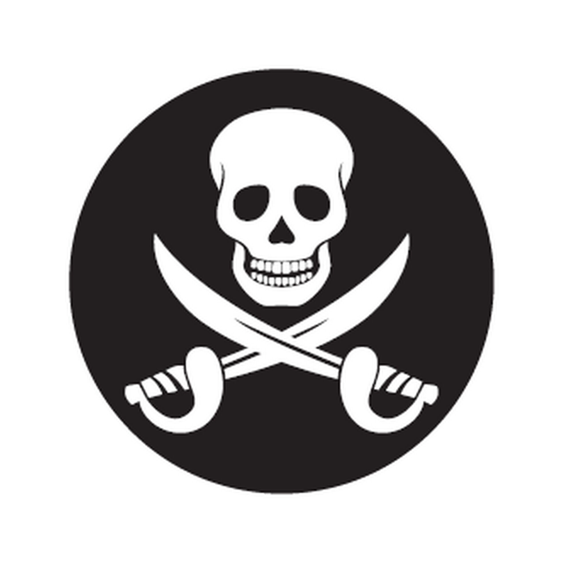 Totenkopf mit gekreuzten Schwertern auf schwarzem Grund.