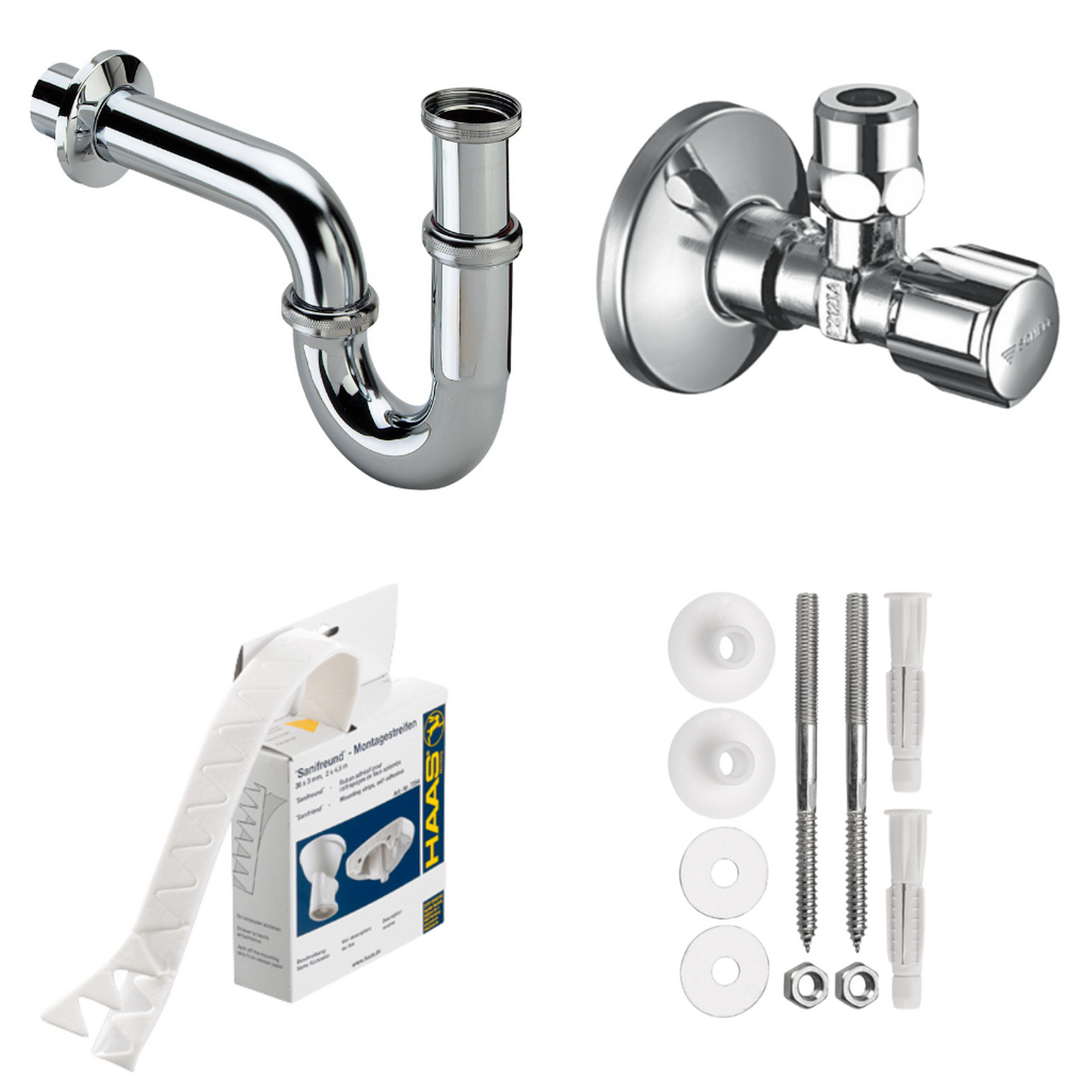 Waschtisch-Installationset mit Röhrensiphon 1 ¼" und 2 x Eckventil 1/2" verchromt