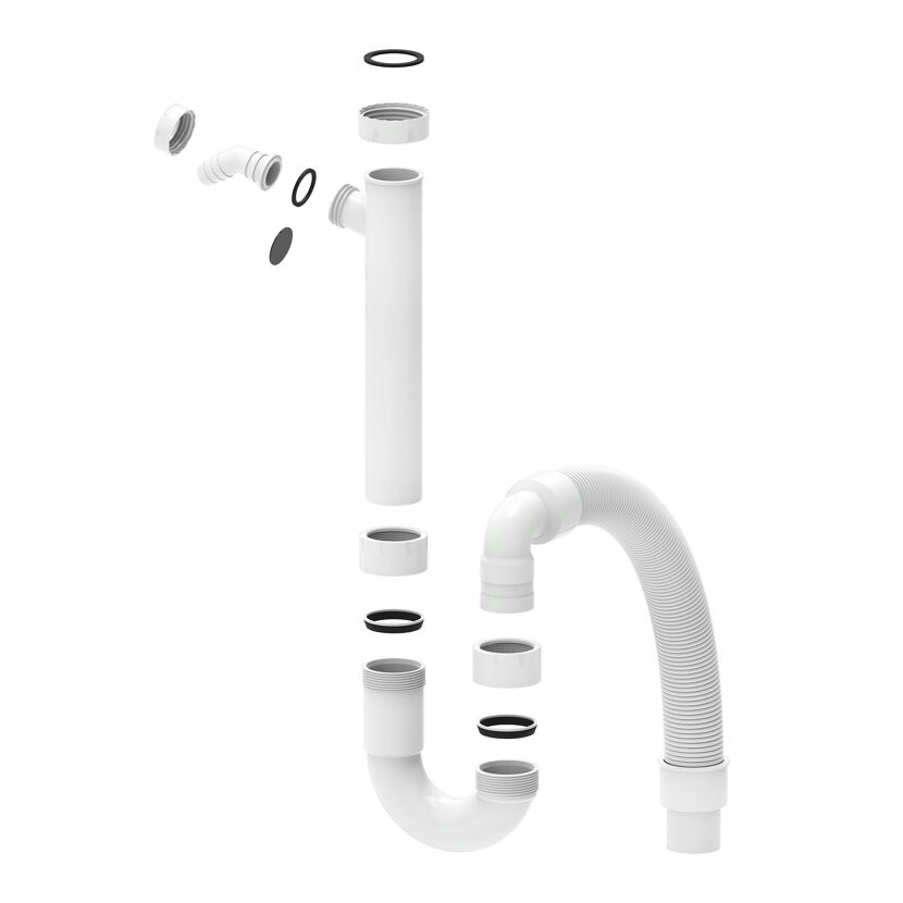 Flexibler Spültisch-Röhrensiphon weiß 1 1/2" IG x DN 40/50 mm, mit 3/4" Geräteanschluss