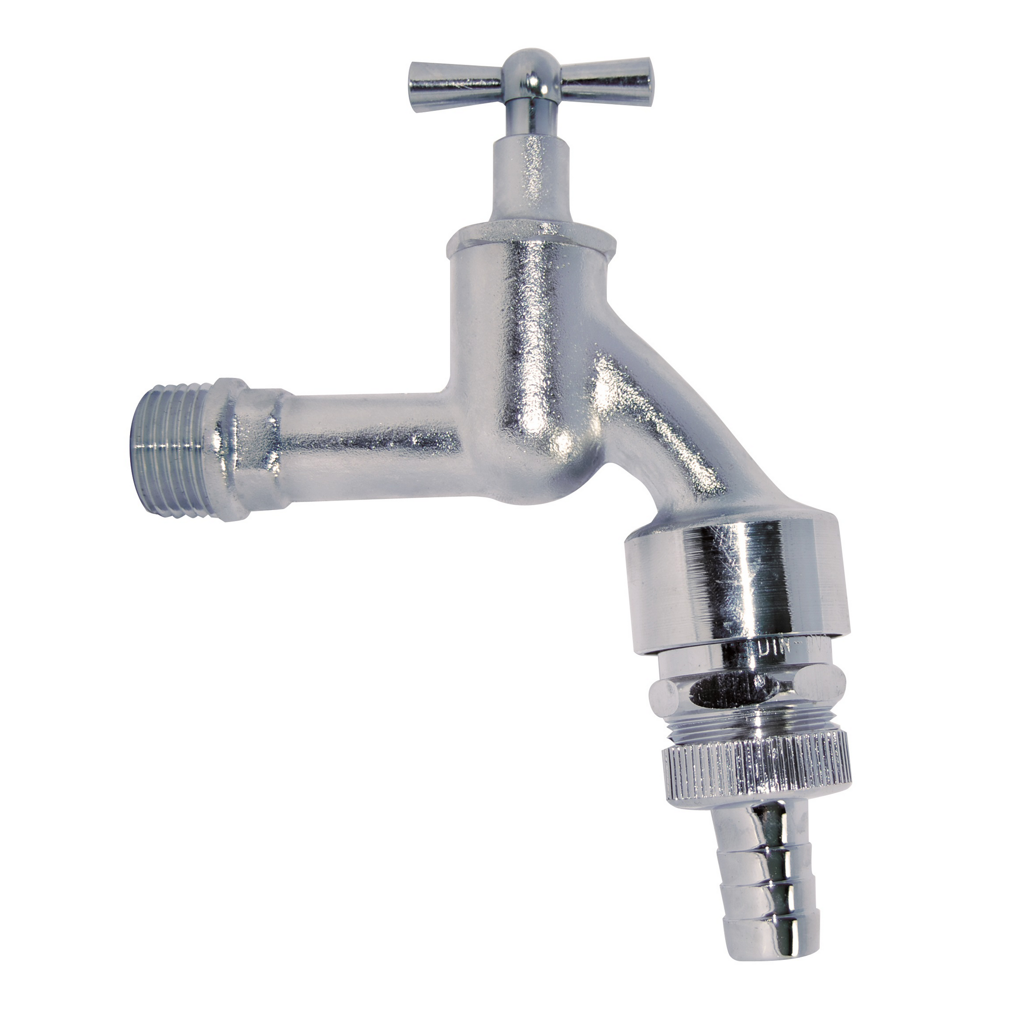 Auslaufventil Messing verchromt 1/2" AG x 3/4" AG x 1/2" T, Knebelgriff, Rückflussverhinderer und Rohrbelüfter