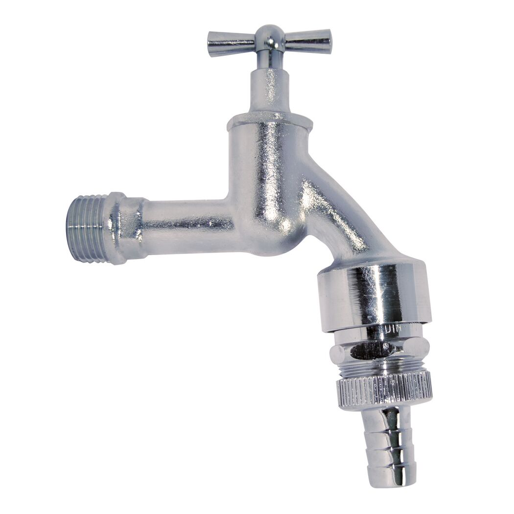 Auslaufventil Messing verchromt 1/2" AG x 3/4" AG x 1/2" T, Knebelgriff, Rückflussverhinderer und Rohrbelüfter