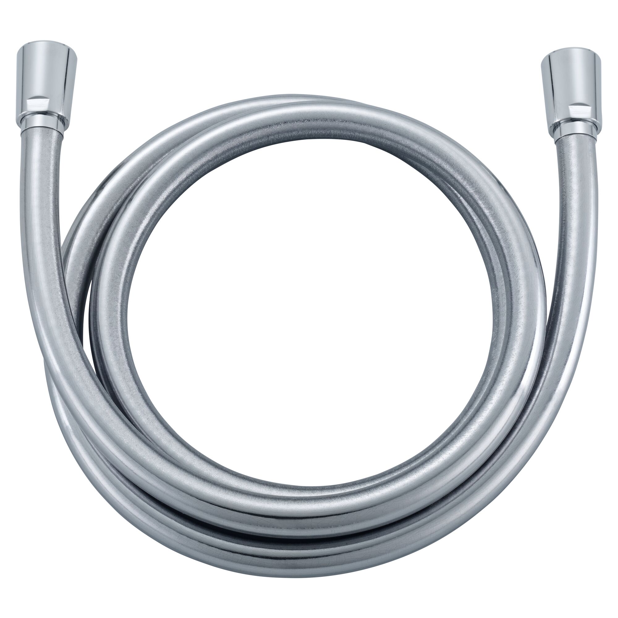 Silberner Duschschlauch aufgerollt.