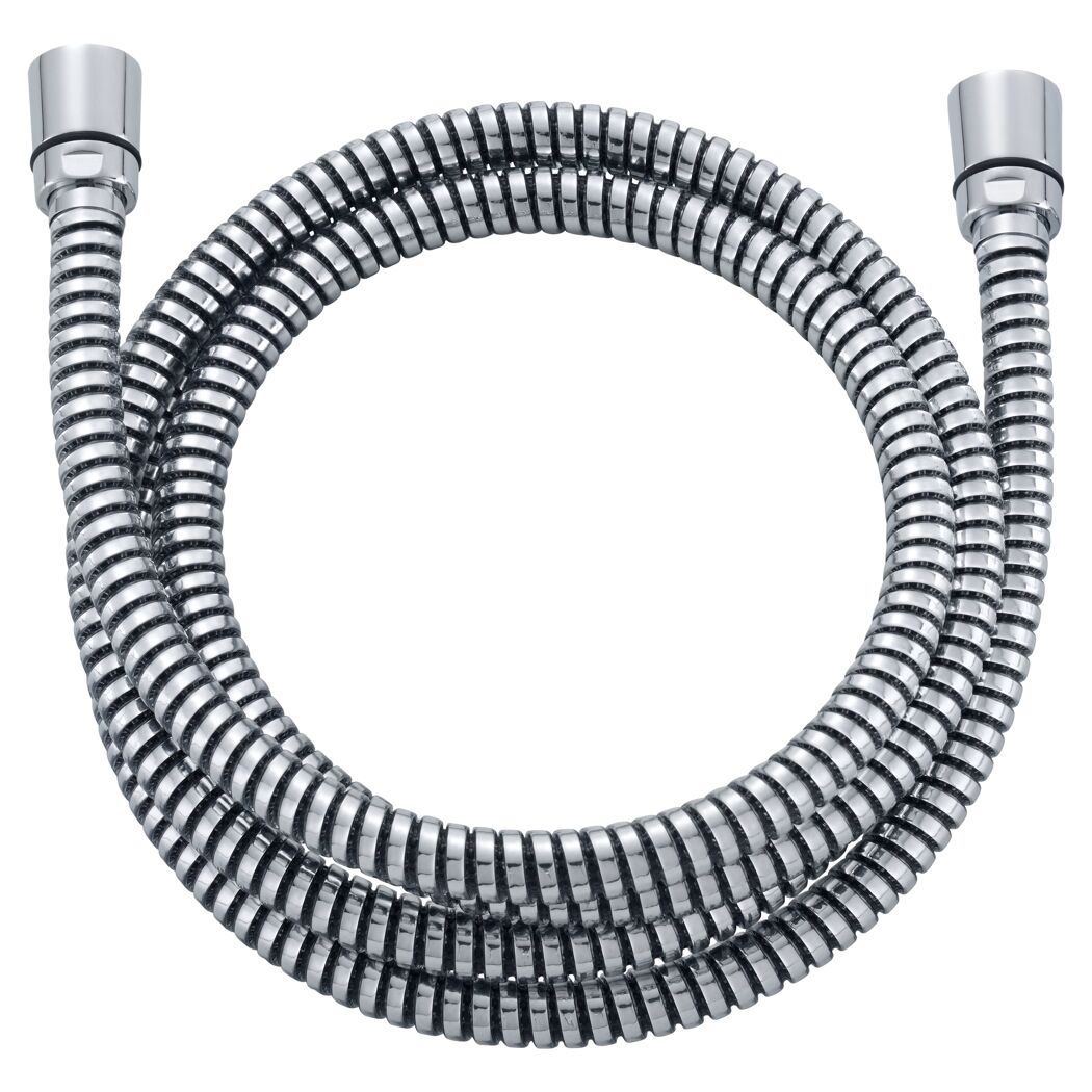 Metallischer Duschschlauch, aufgerollt.